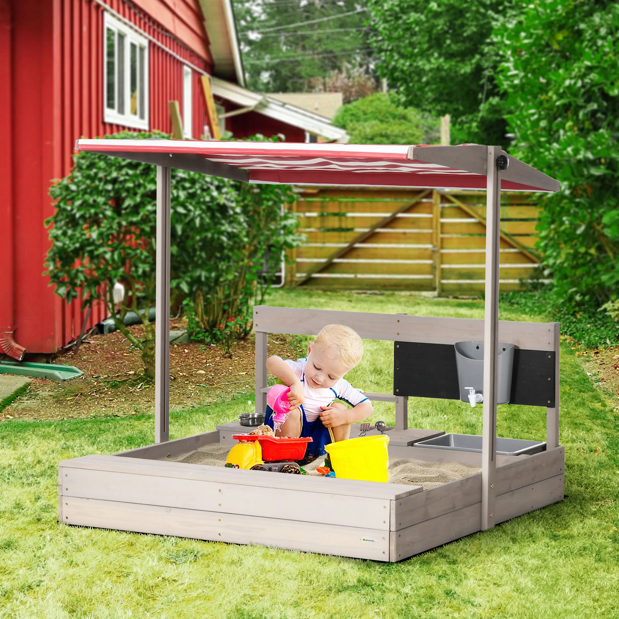 Outsunny Kids Wooden Sandbox w/ Canopy, Kitchen Toys, Seat, Storage, for Outdoor - Image 2