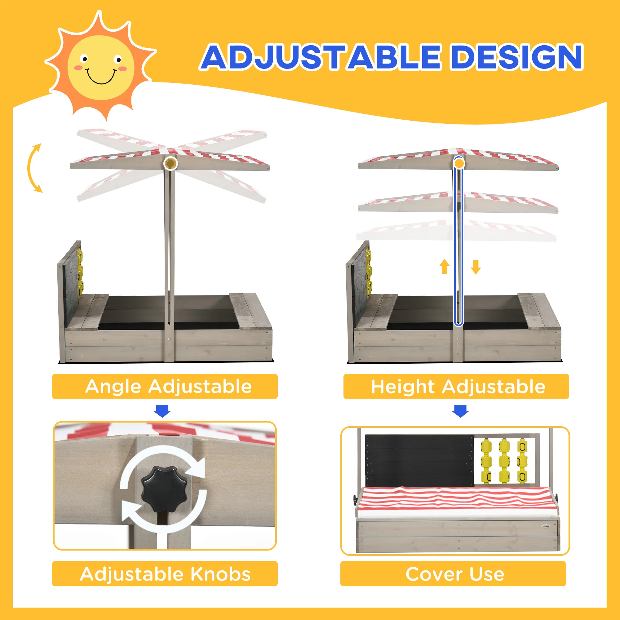 Outsunny Kids Wooden Sandpit, Sandbox W/ Canopy, Seats, For Gardens - Grey - Image 4