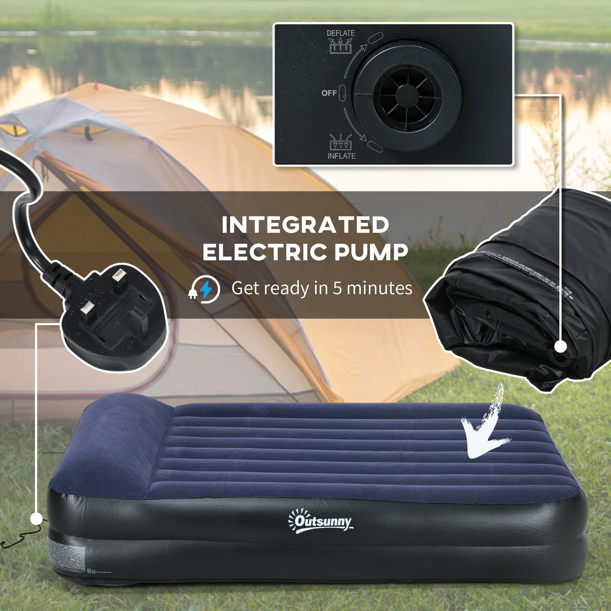 Outsunny King Inflatable Mattress with Electric Pump and Integrated Pillow - Image 4