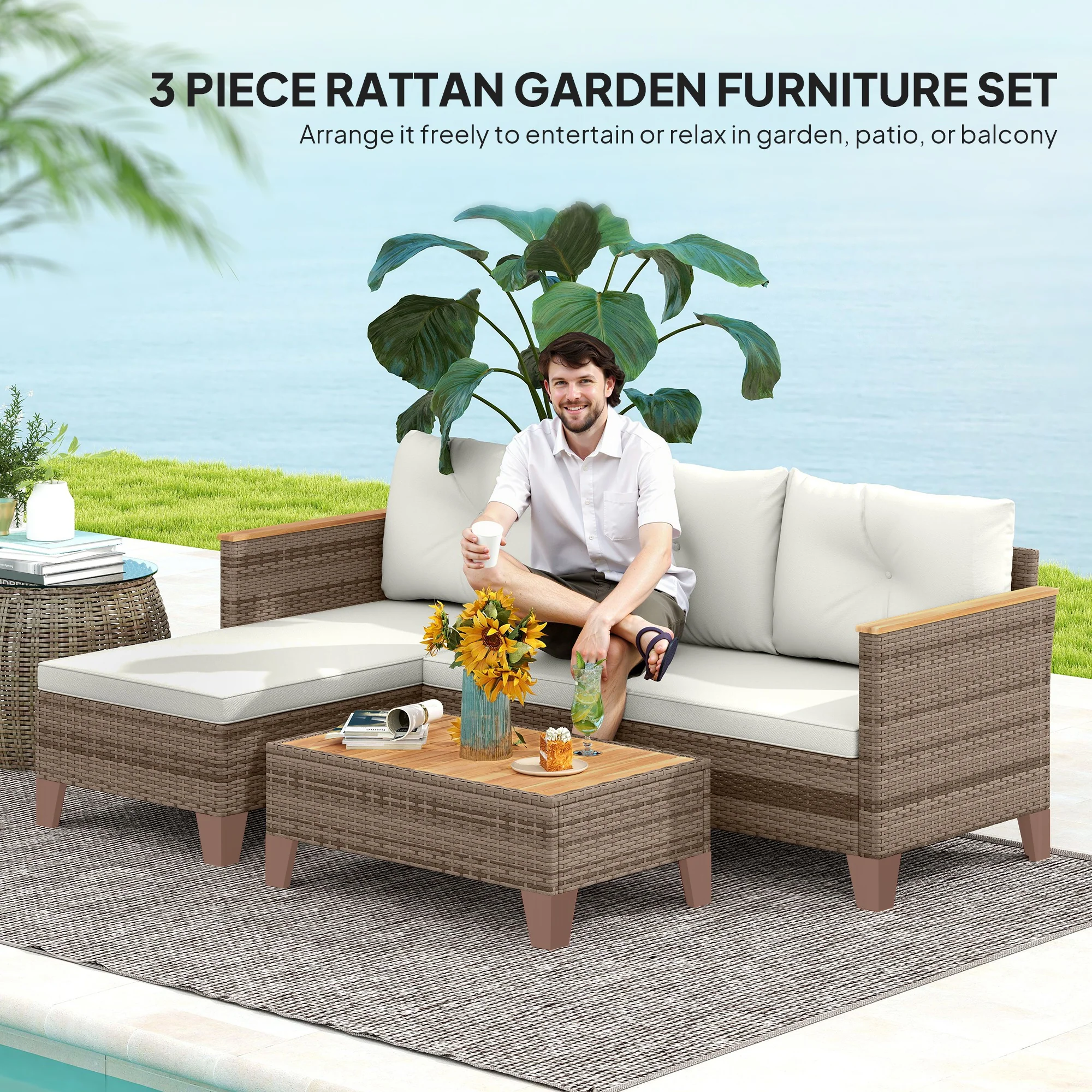 Outsunny L Shaped Garden Conversation Chaise Lounge Furniture - Image 12
