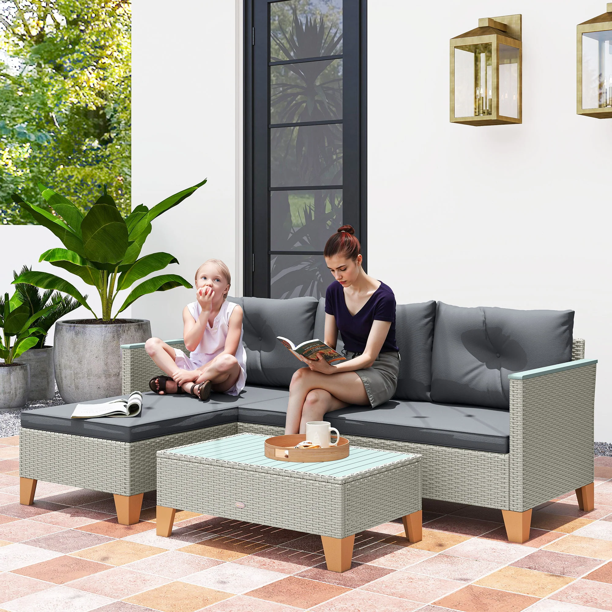 Outsunny L Shaped Garden Conversation Chaise Lounge Furniture - Image 2