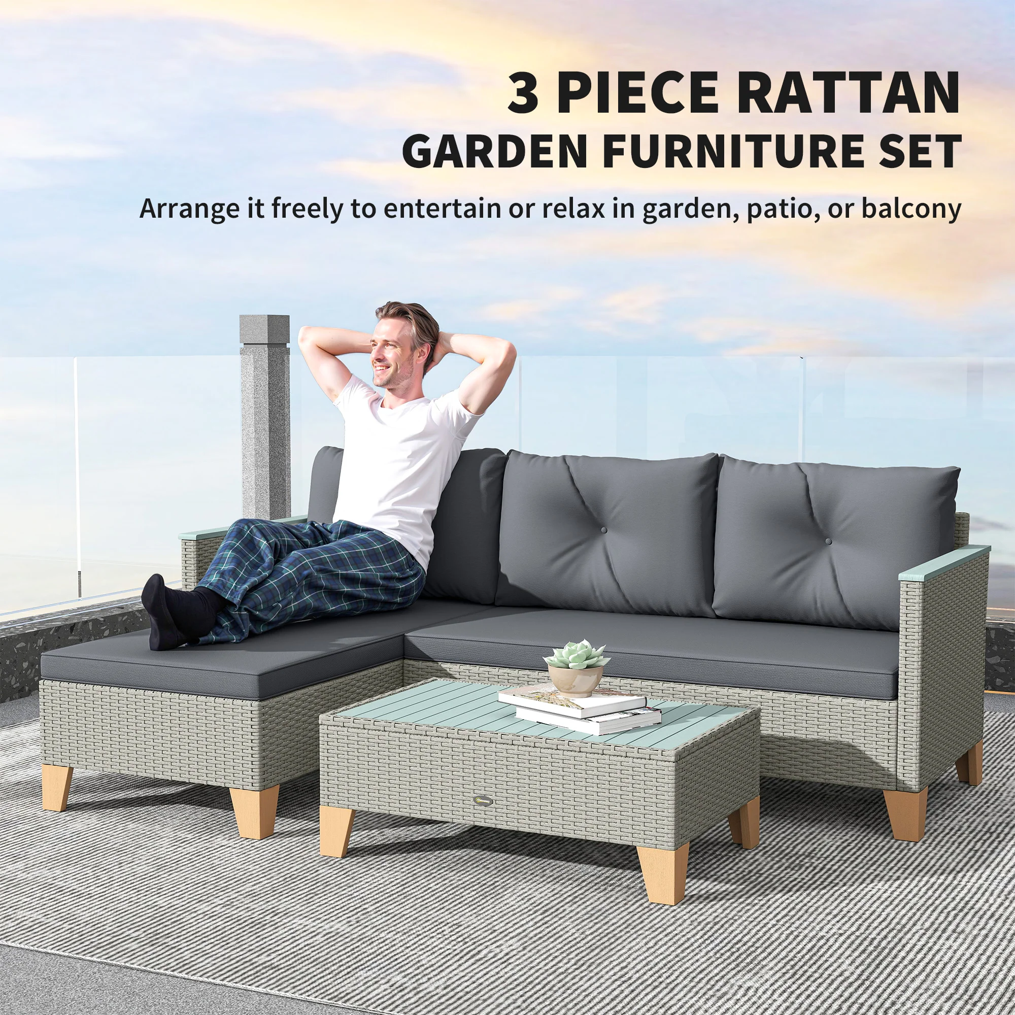 Outsunny L Shaped Garden Conversation Chaise Lounge Furniture - Image 3