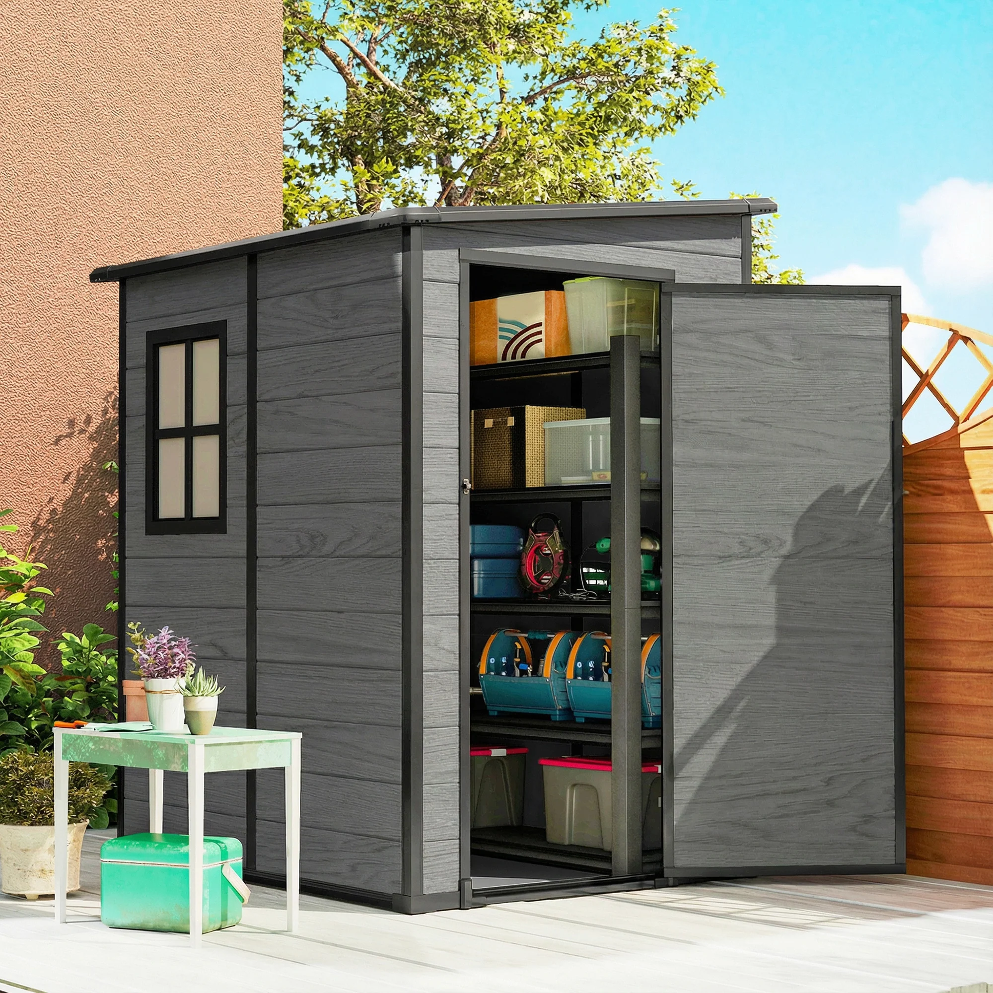 Outsunny Lean To Garden Shed, Plastic Tool Storage House W/ Lockable Door - Image 2