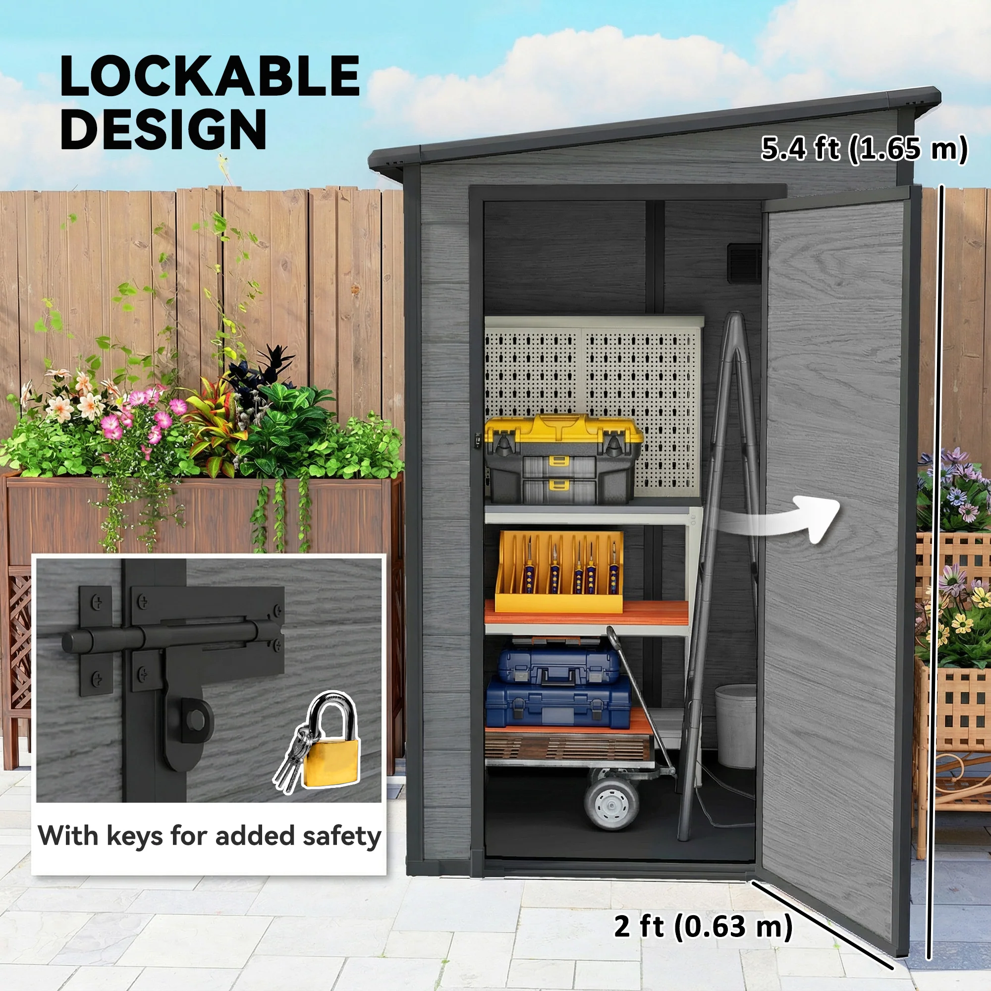 Outsunny Lean To Garden Shed, Plastic Tool Storage House W/ Lockable Door - Image 6