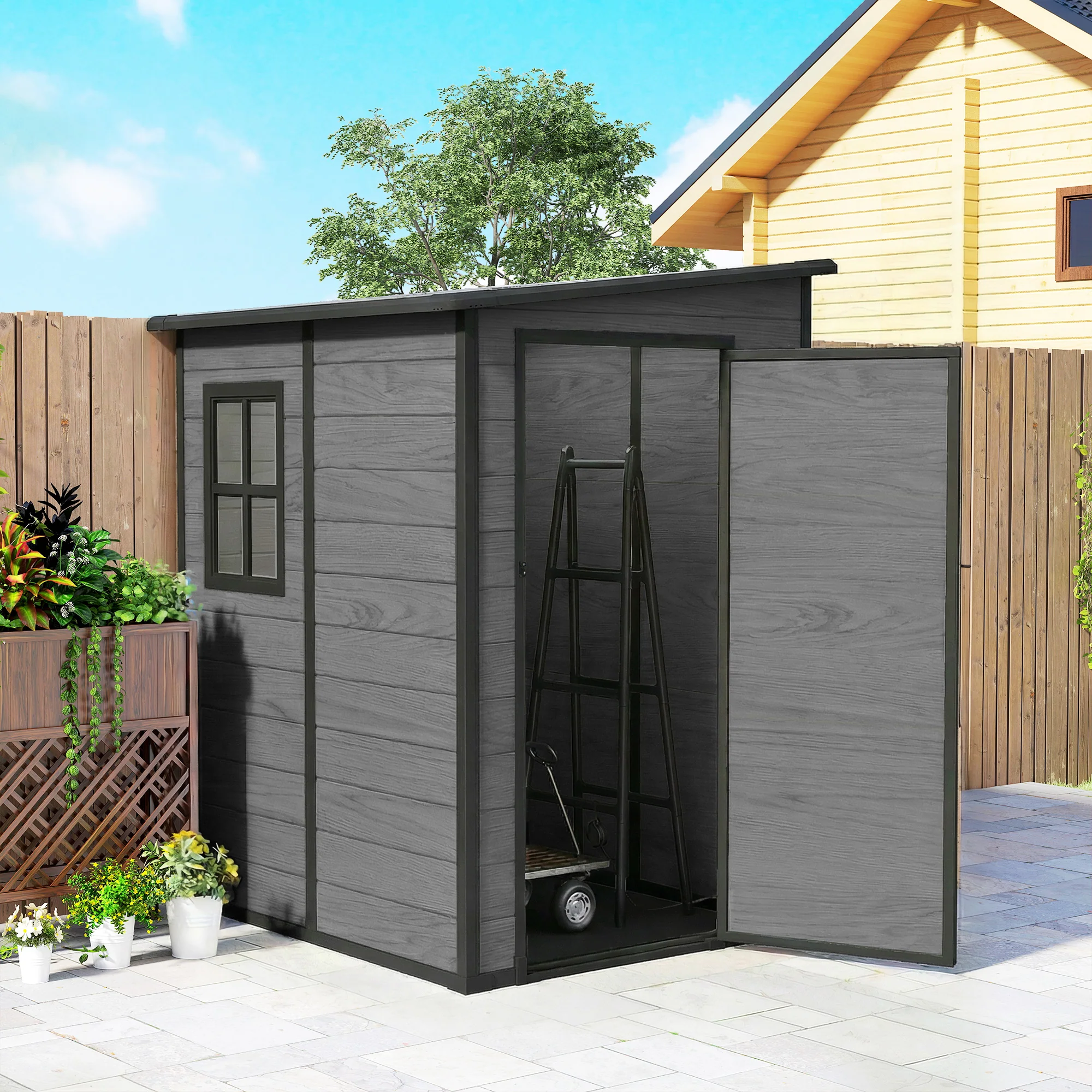 Outsunny Lean To Garden Shed, Plastic Tool Storage House W/ Lockable Door - Image 9