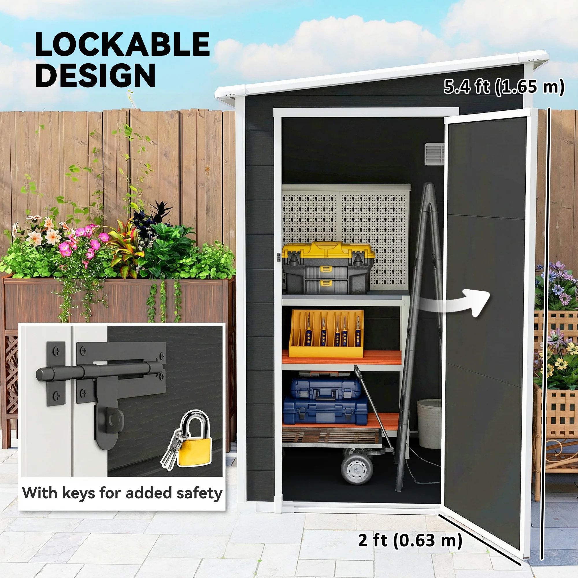 Outsunny Lean To Garden Shed, Plastic Tool Storage House W/ Lockable Door - Image 6