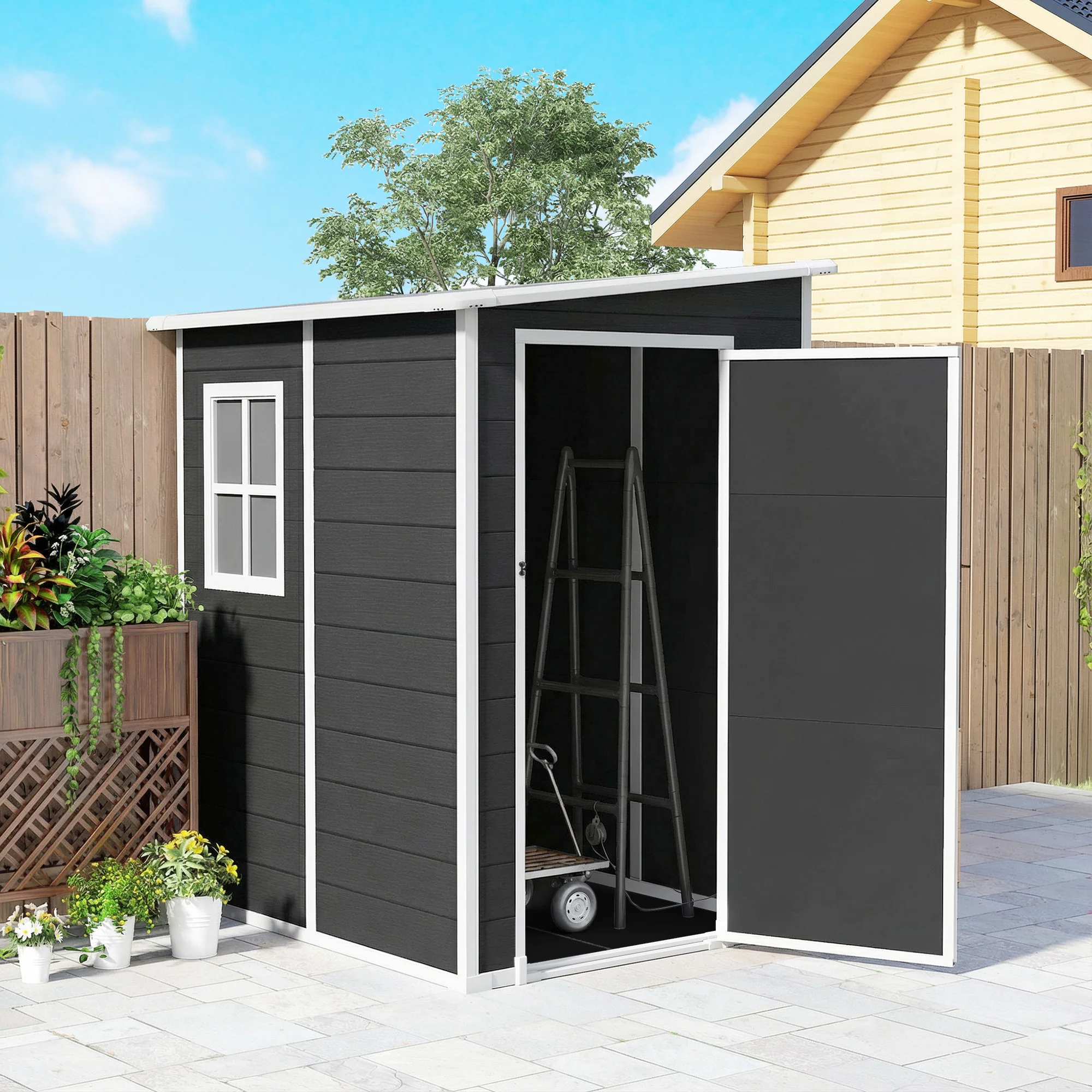 Outsunny Lean To Garden Shed, Plastic Tool Storage House W/ Lockable Door - Image 9