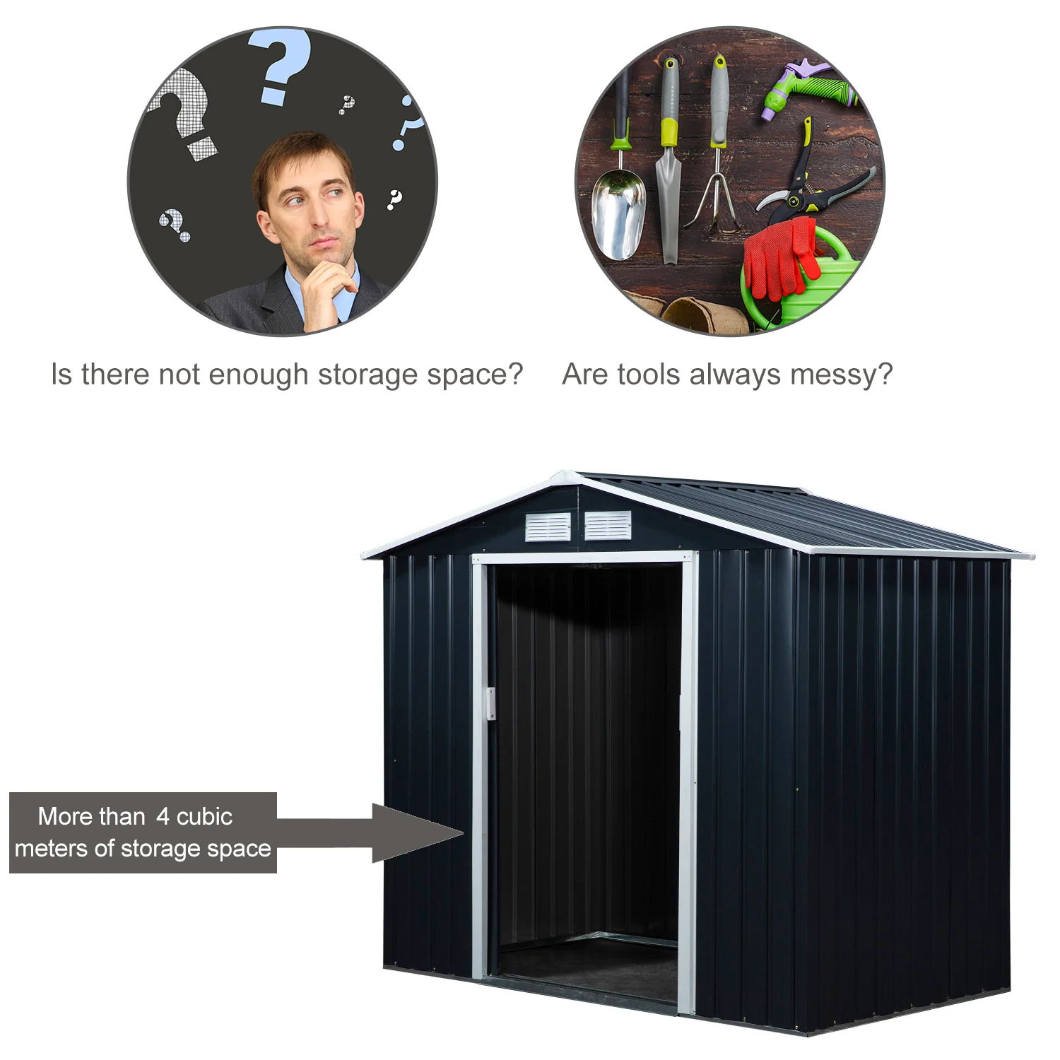Outsunny Lockable Garden Shed Large Patio Roofed Tool Metal Storage Building Foundation Sheds Box Outdoor Furniture, 7ft X 4ft, Dark Grey - Image 6
