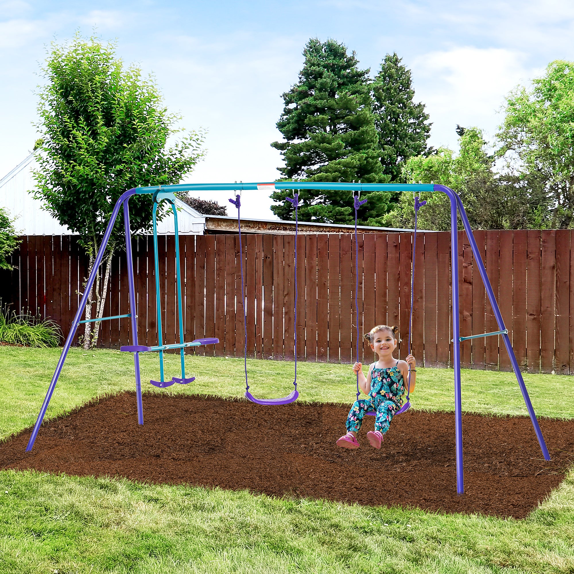 Outsunny Metal 2 Swings & Seesaw Set Height Adjustable Outdoor Play Set, Green - Image 2