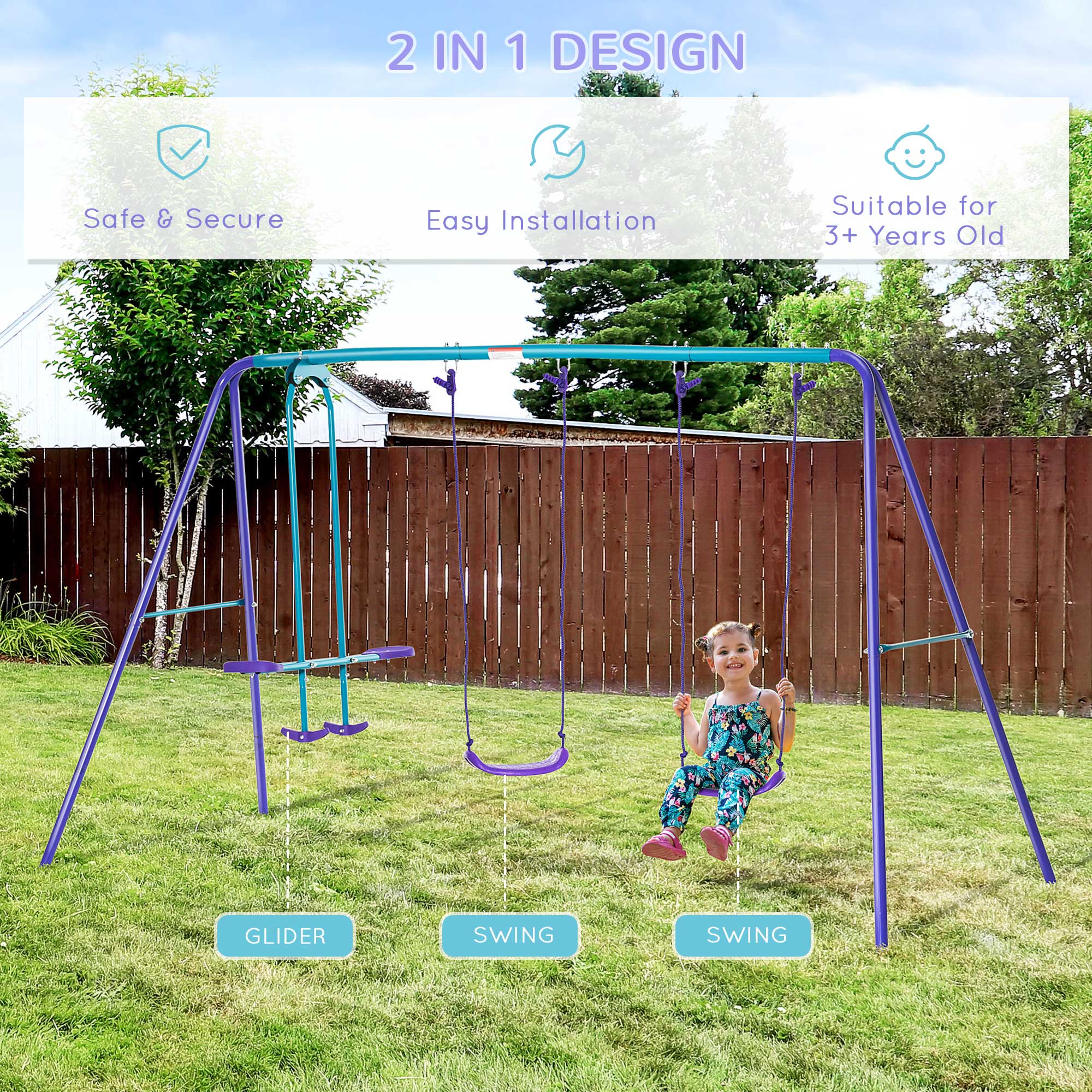 Outsunny Metal 2 Swings & Seesaw Set Height Adjustable Outdoor Play Set, Green - Image 3