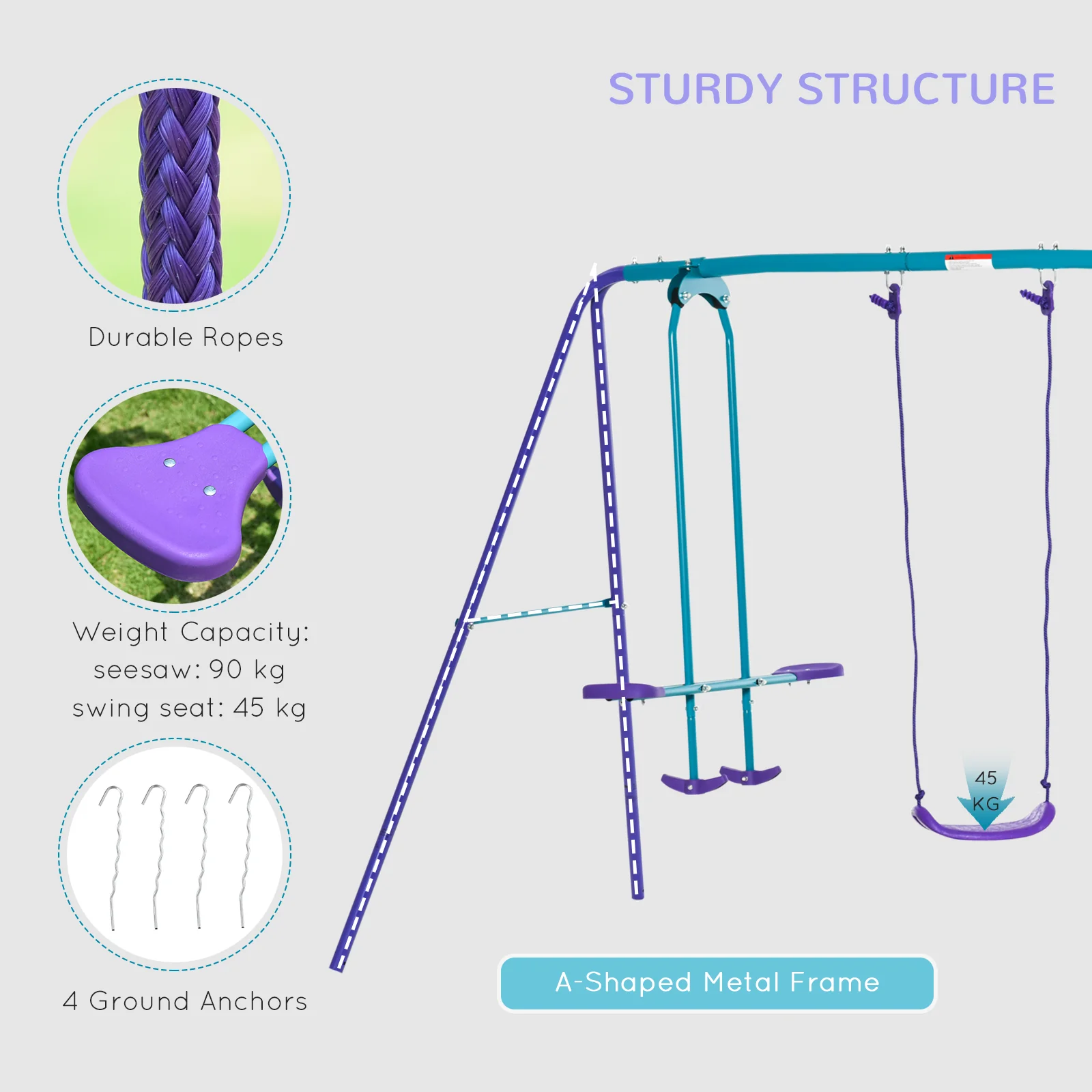 Outsunny Metal 2 Swings & Seesaw Set Height Adjustable Outdoor Play Set, Green - Image 4