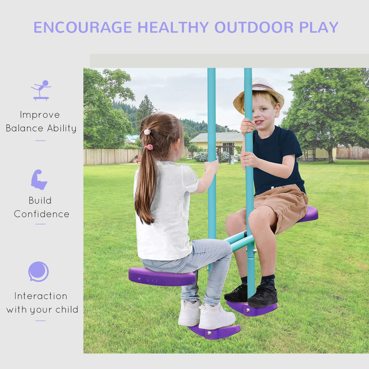 Outsunny Metal 2 Swings & Seesaw Set Height Adjustable Outdoor Play Set, Green - Image 6