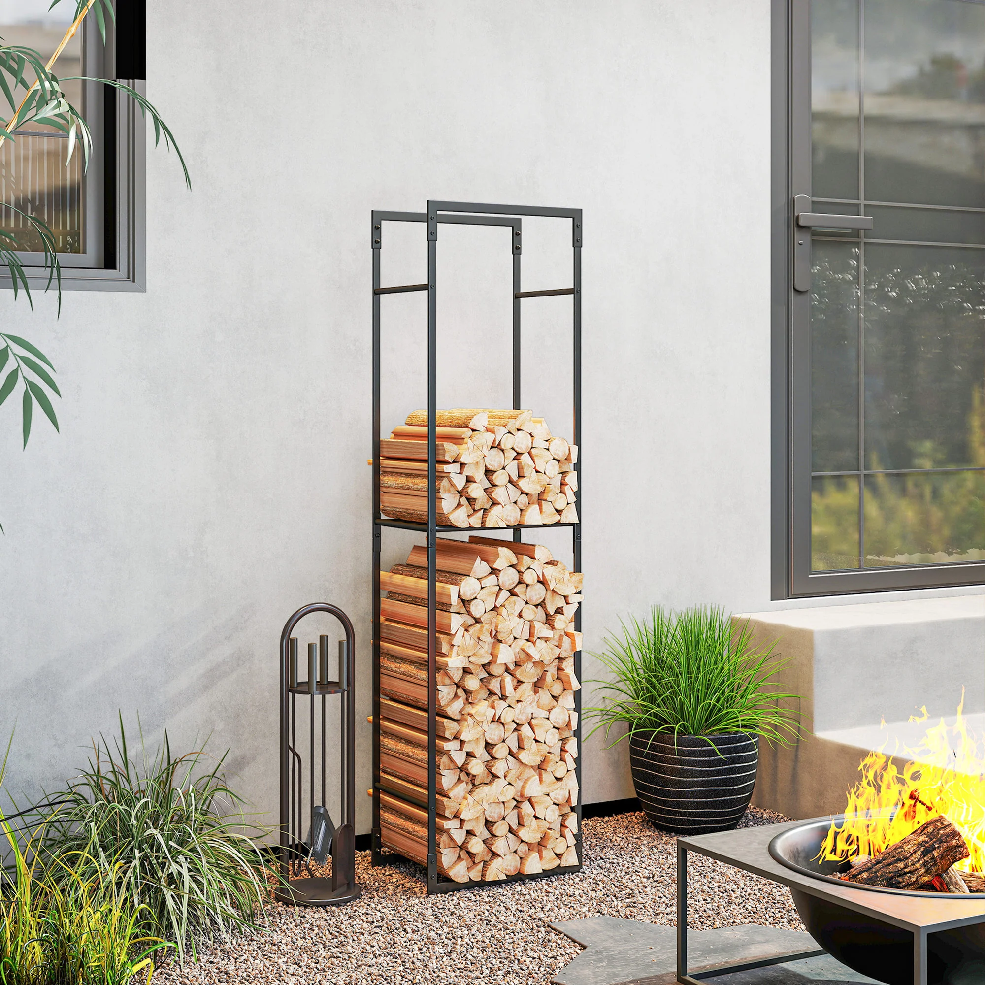Outsunny Metal Firewood Log Holder, Firewood Rack With Adjustable Shelf - Image 2
