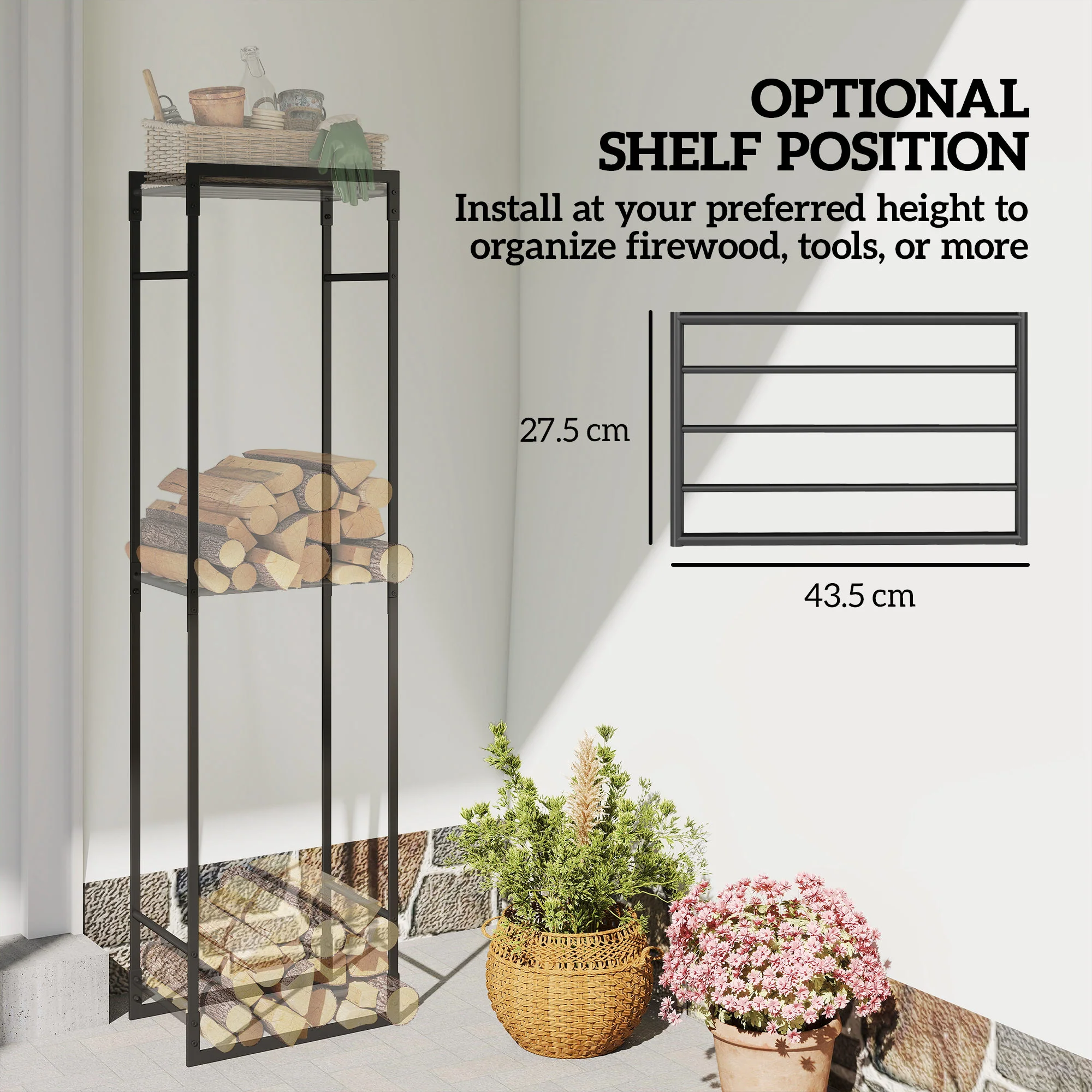 Outsunny Metal Firewood Log Holder, Firewood Rack With Adjustable Shelf - Image 3