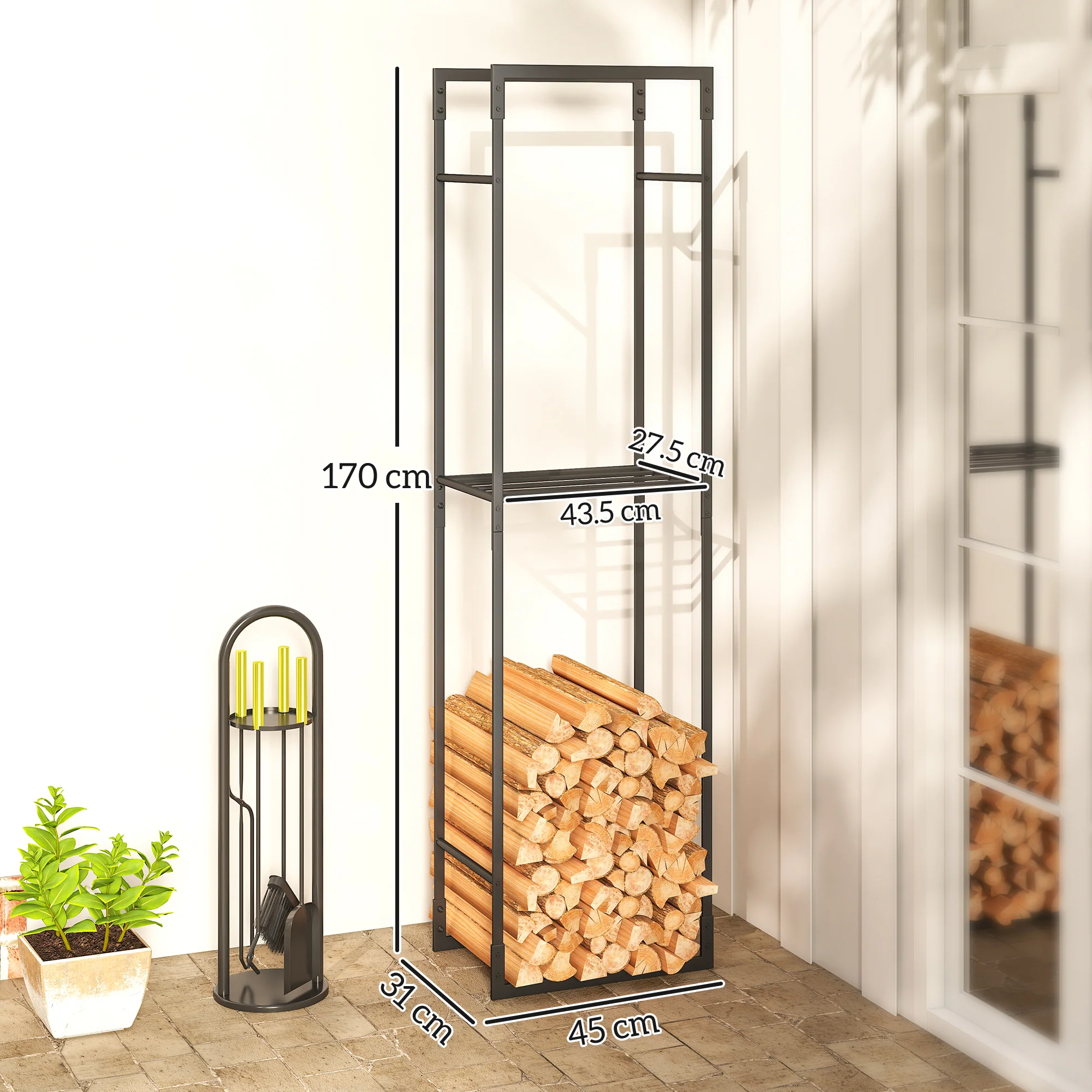 Outsunny Metal Firewood Log Holder, Firewood Rack With Adjustable Shelf - Image 5