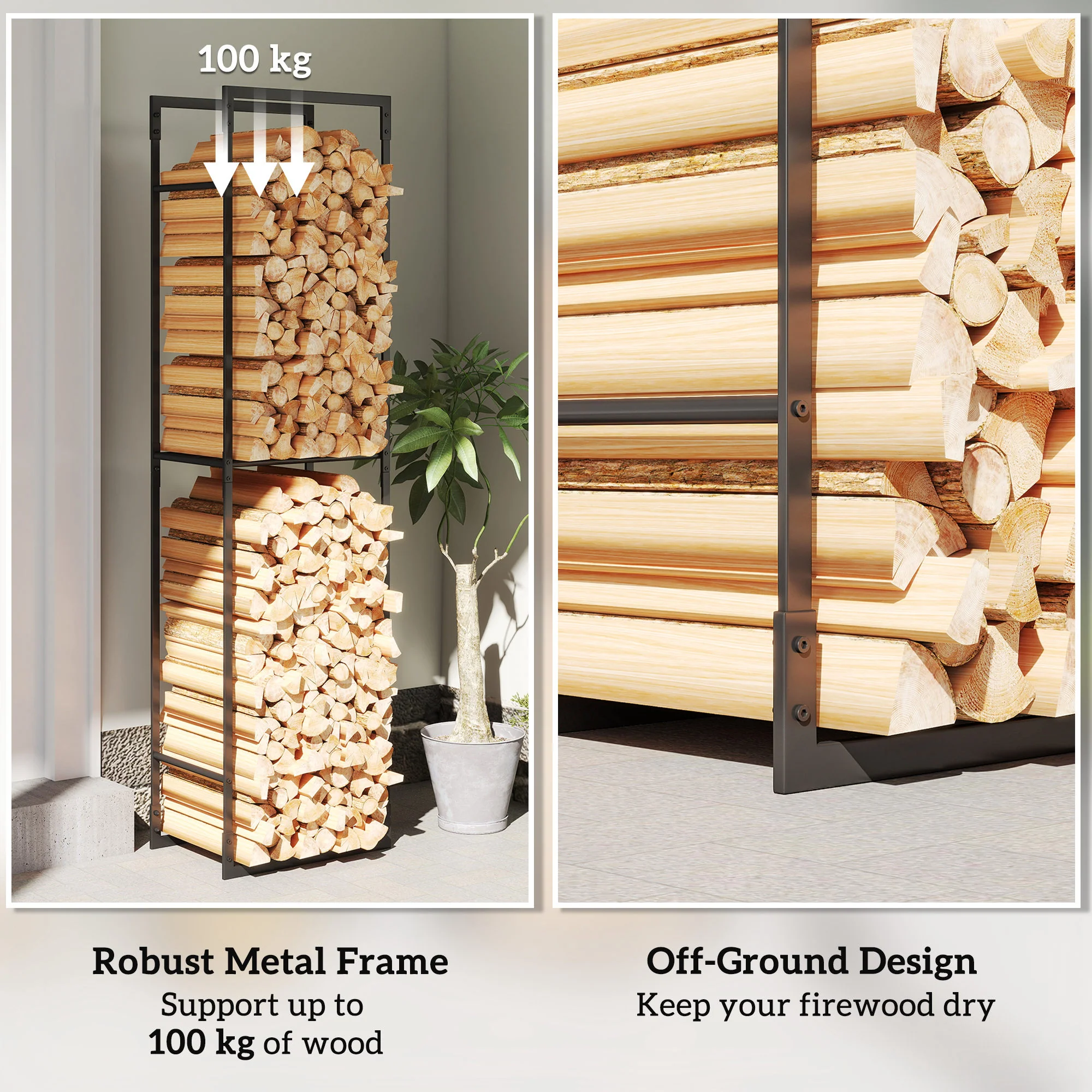 Outsunny Metal Firewood Log Holder, Firewood Rack With Adjustable Shelf - Image 6