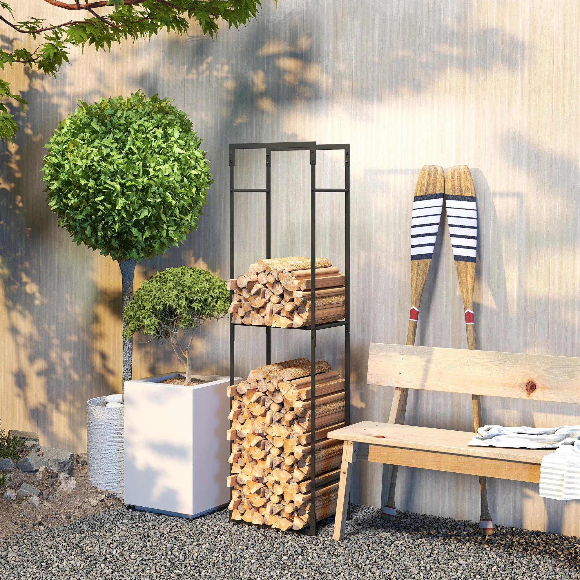 Outsunny Metal Firewood Log Holder, Firewood Rack With Adjustable Shelf - Image 7