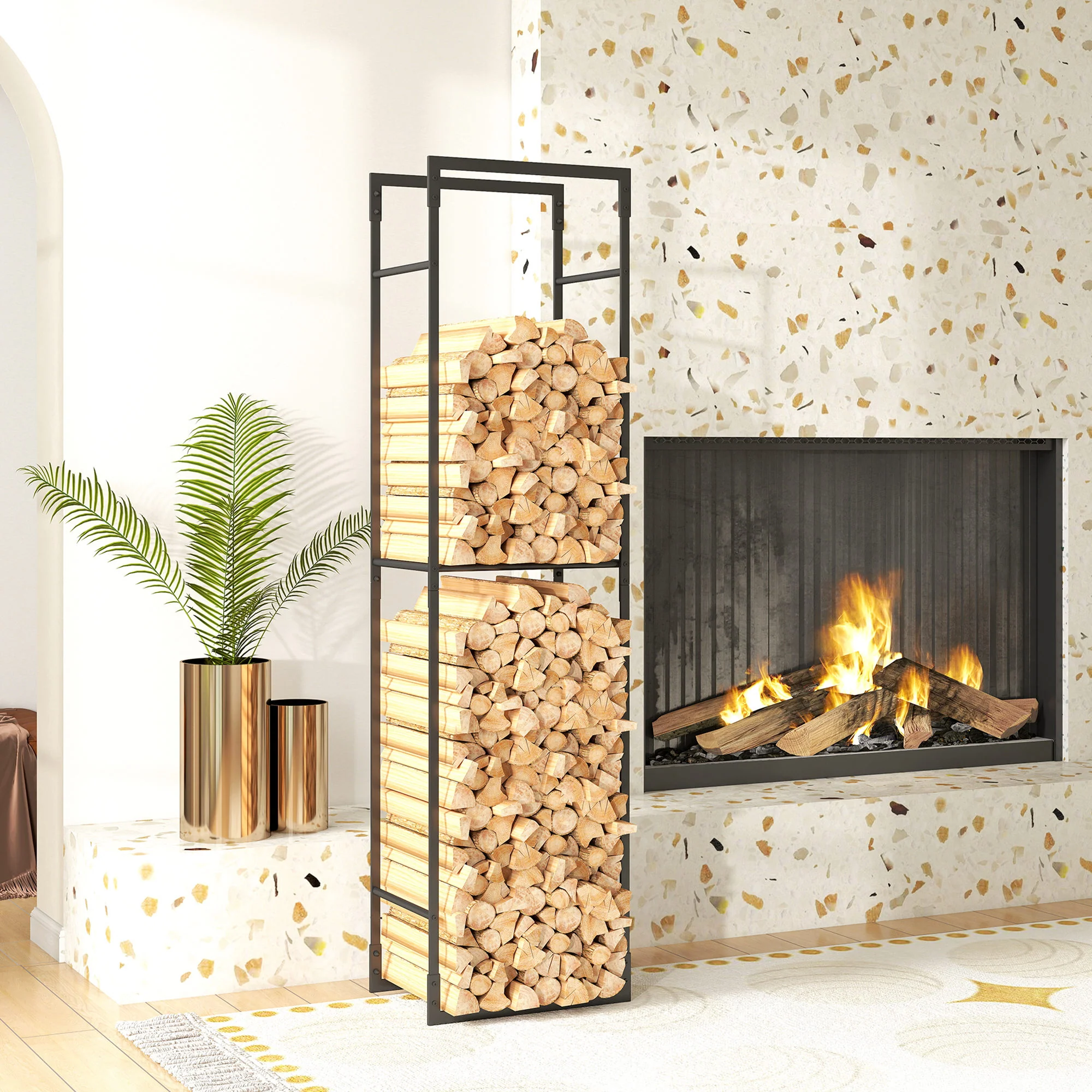 Outsunny Metal Firewood Log Holder, Firewood Rack With Adjustable Shelf - Image 8
