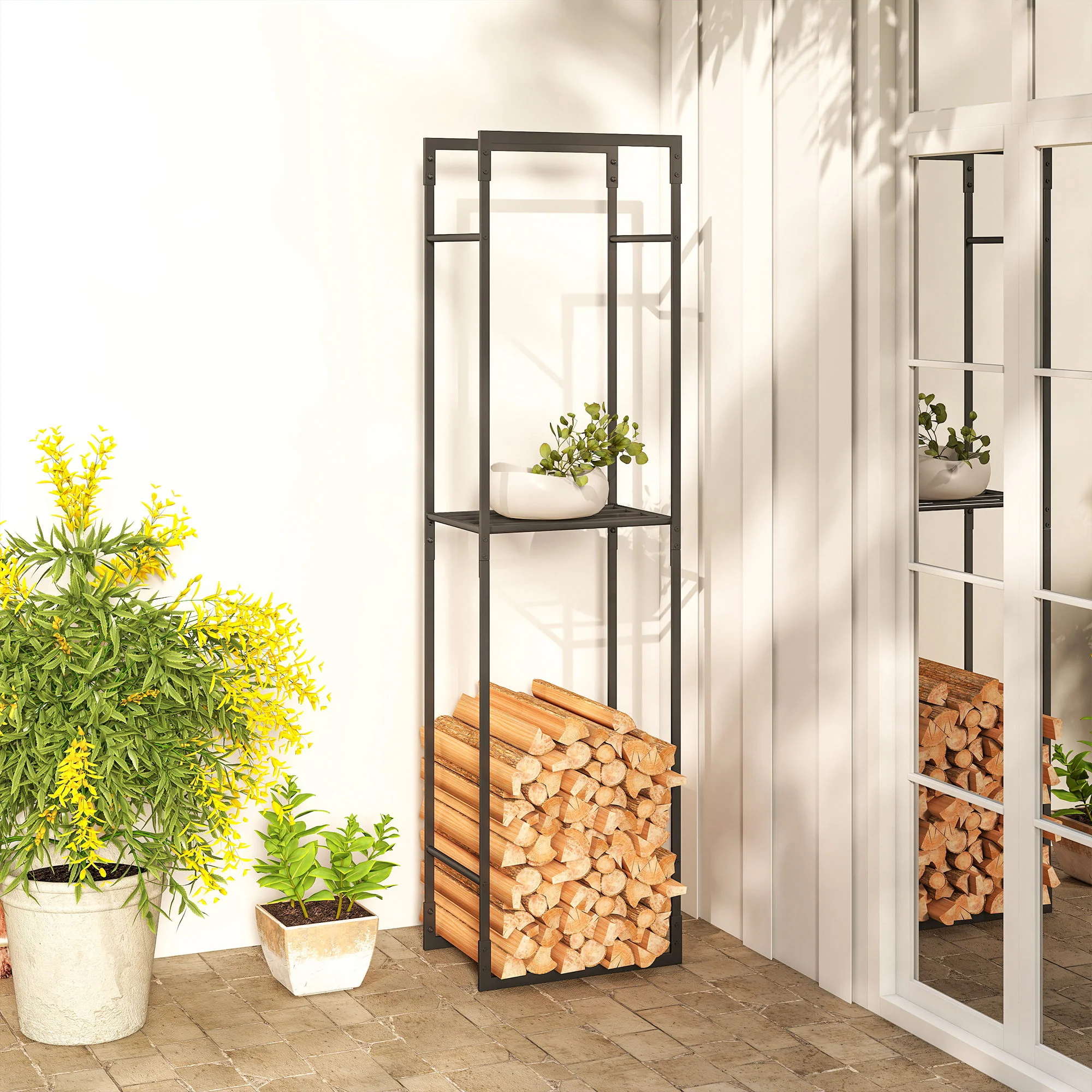 Outsunny Metal Firewood Log Holder, Firewood Rack With Adjustable Shelf - Image 9