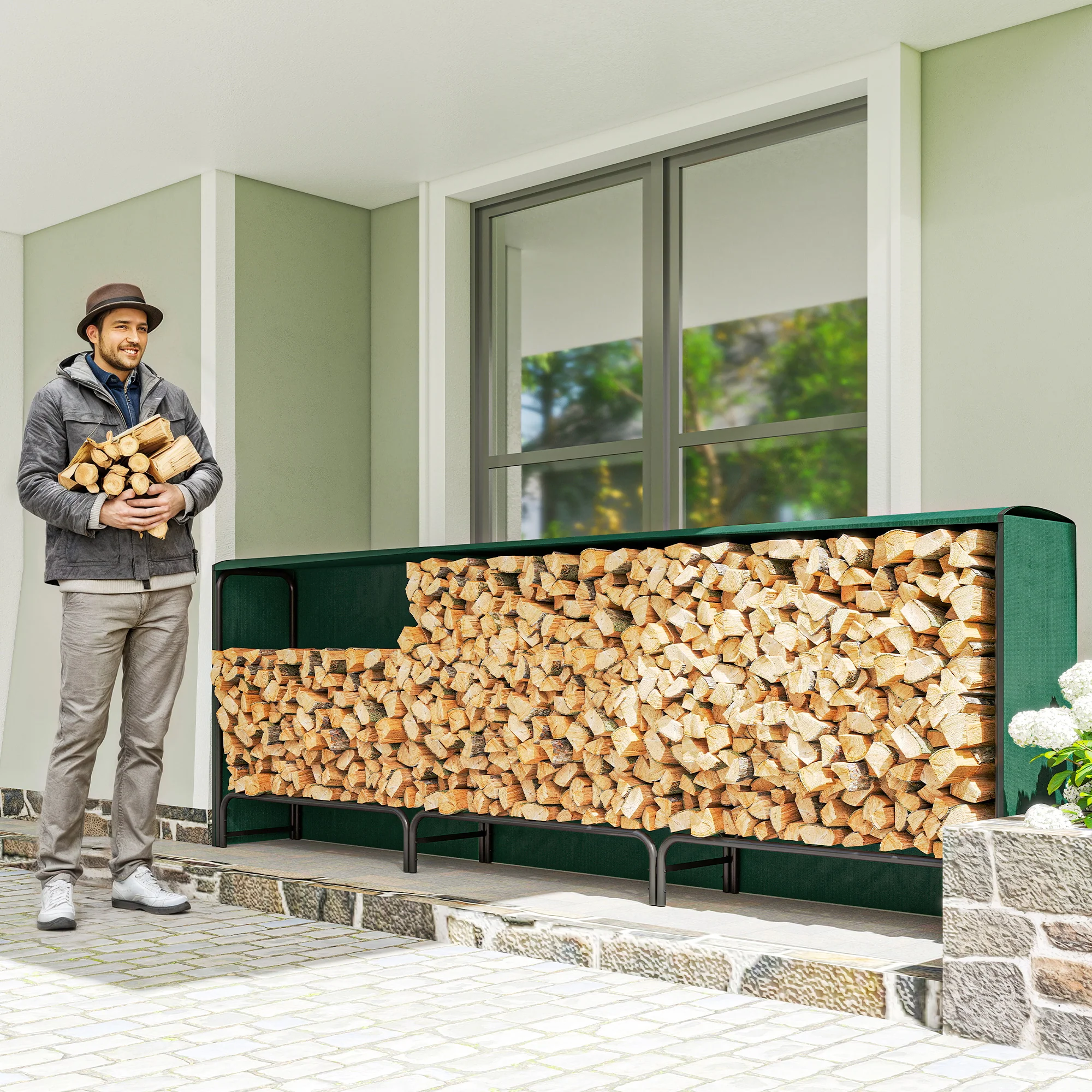 Outsunny Metal Firewood Rack, Log Holder, 300 X 36 X 99 Cm, Dark Green - Image 2