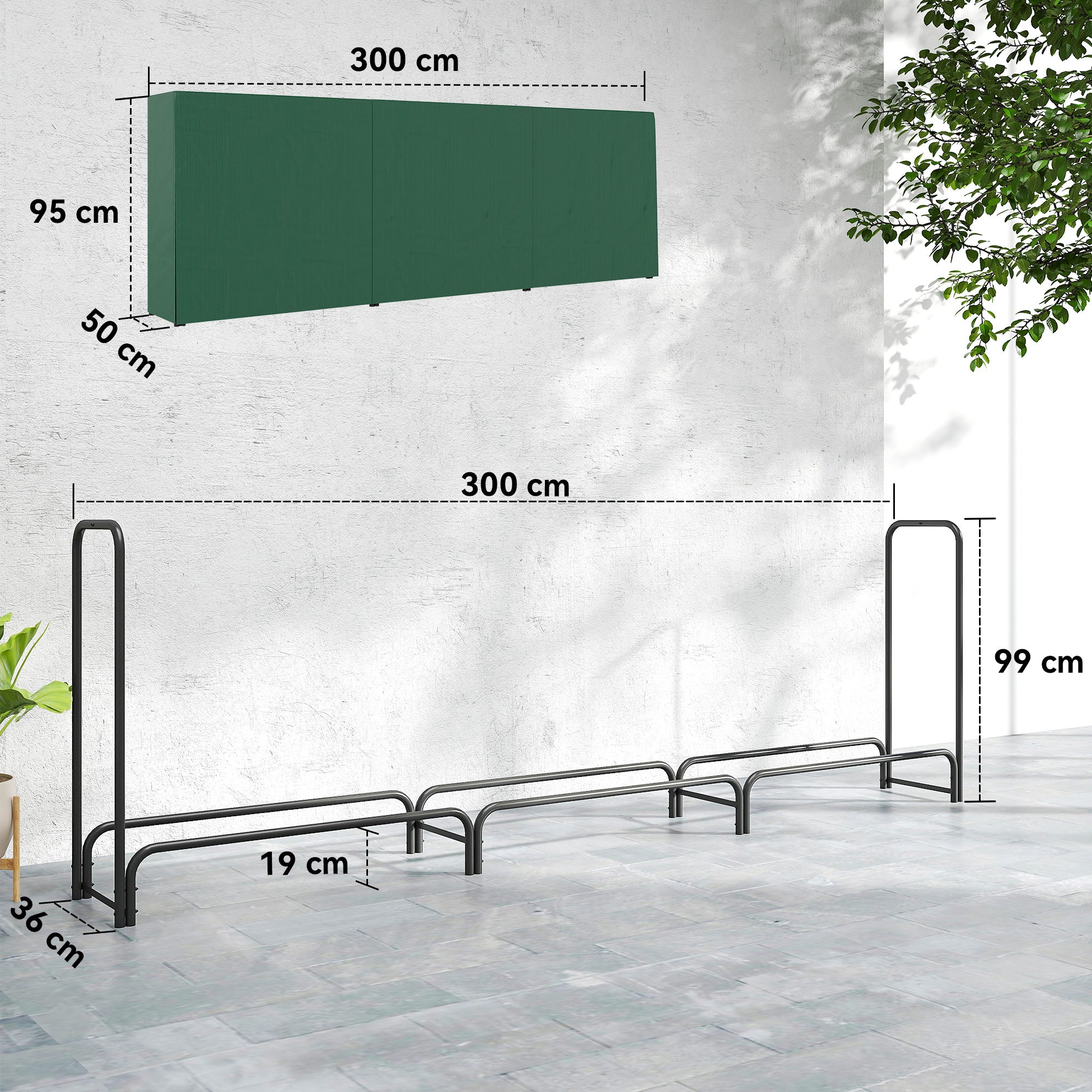 Outsunny Metal Firewood Rack, Log Holder, 300 X 36 X 99 Cm, Dark Green - Image 5