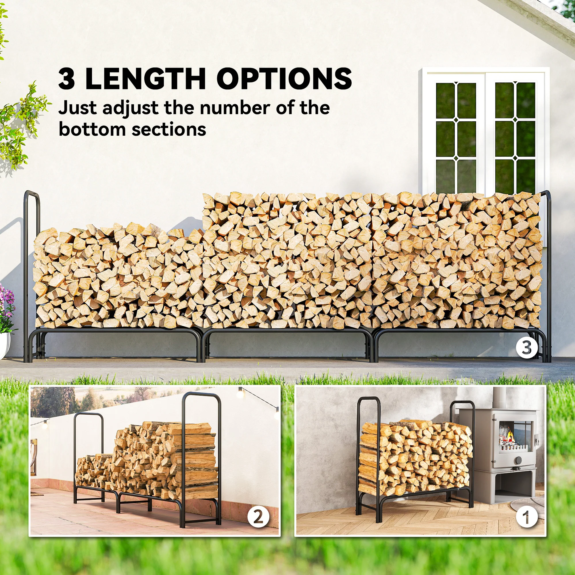 Outsunny Metal Firewood Rack, Log Holder, 300 X 36 X 99 Cm, Dark Green - Image 7