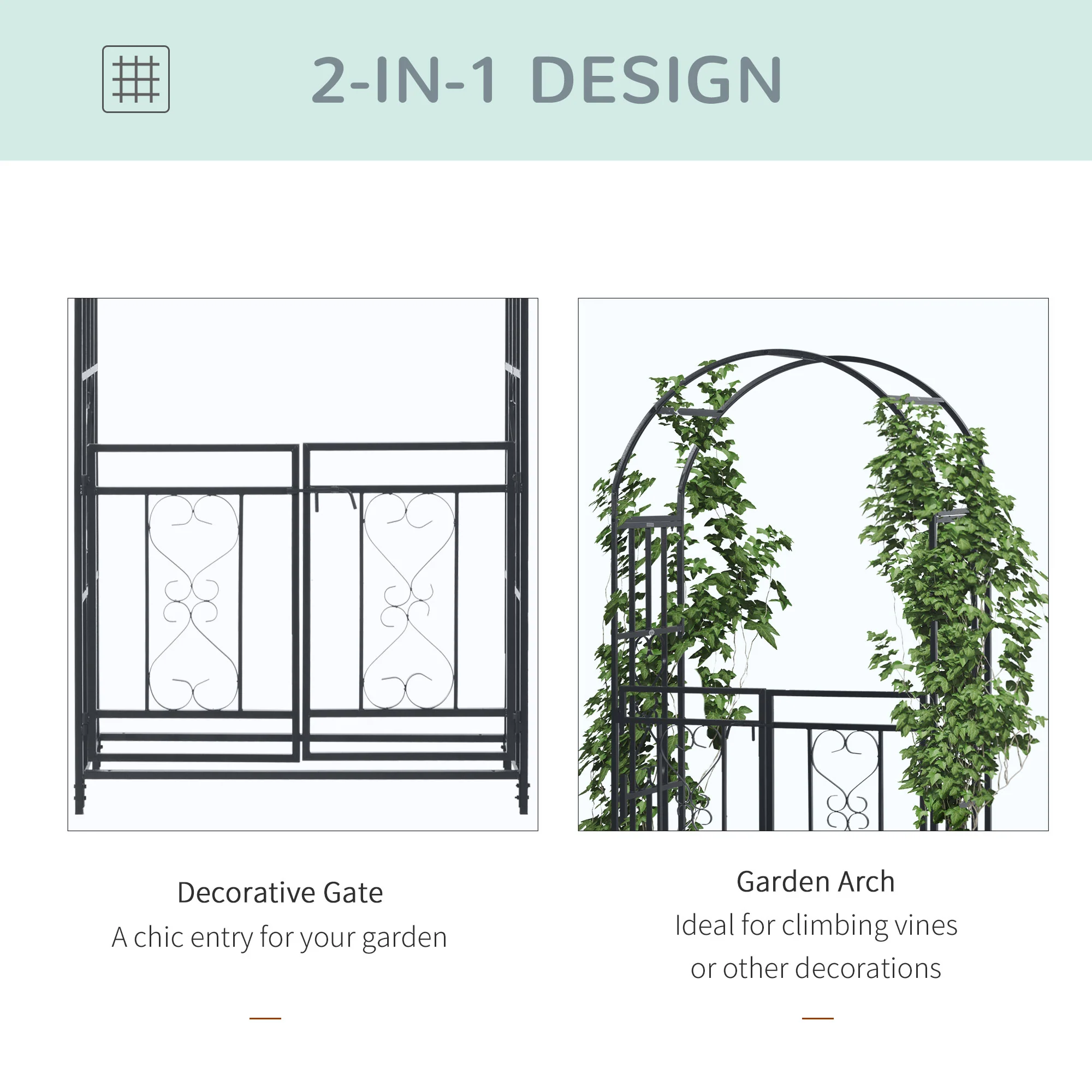 Outsunny Metal Garden Arch with Double Gate, Garden Arbor Climbing Plants - Image 3