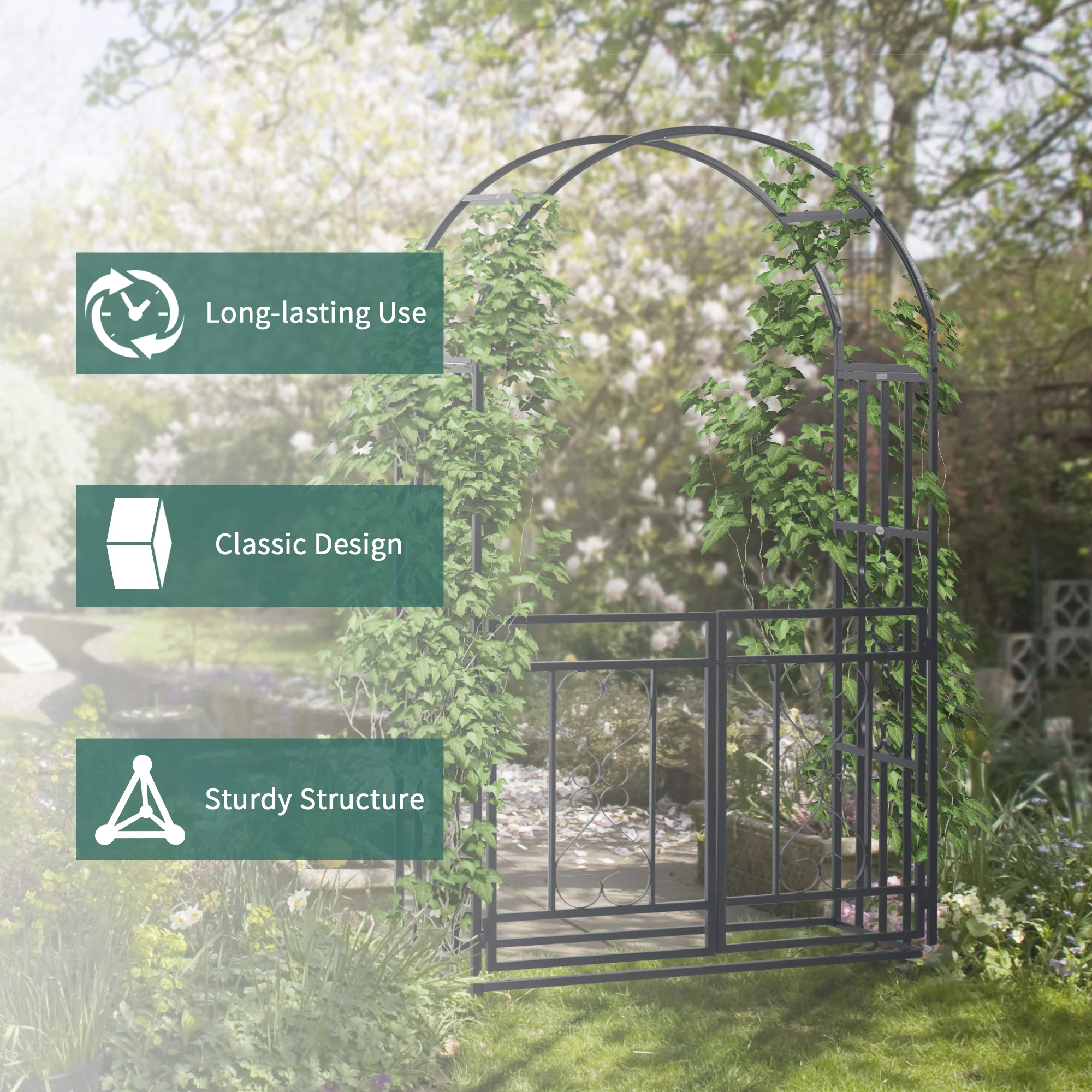 Outsunny Metal Garden Arch with Double Gate, Garden Arbor Climbing Plants - Image 6