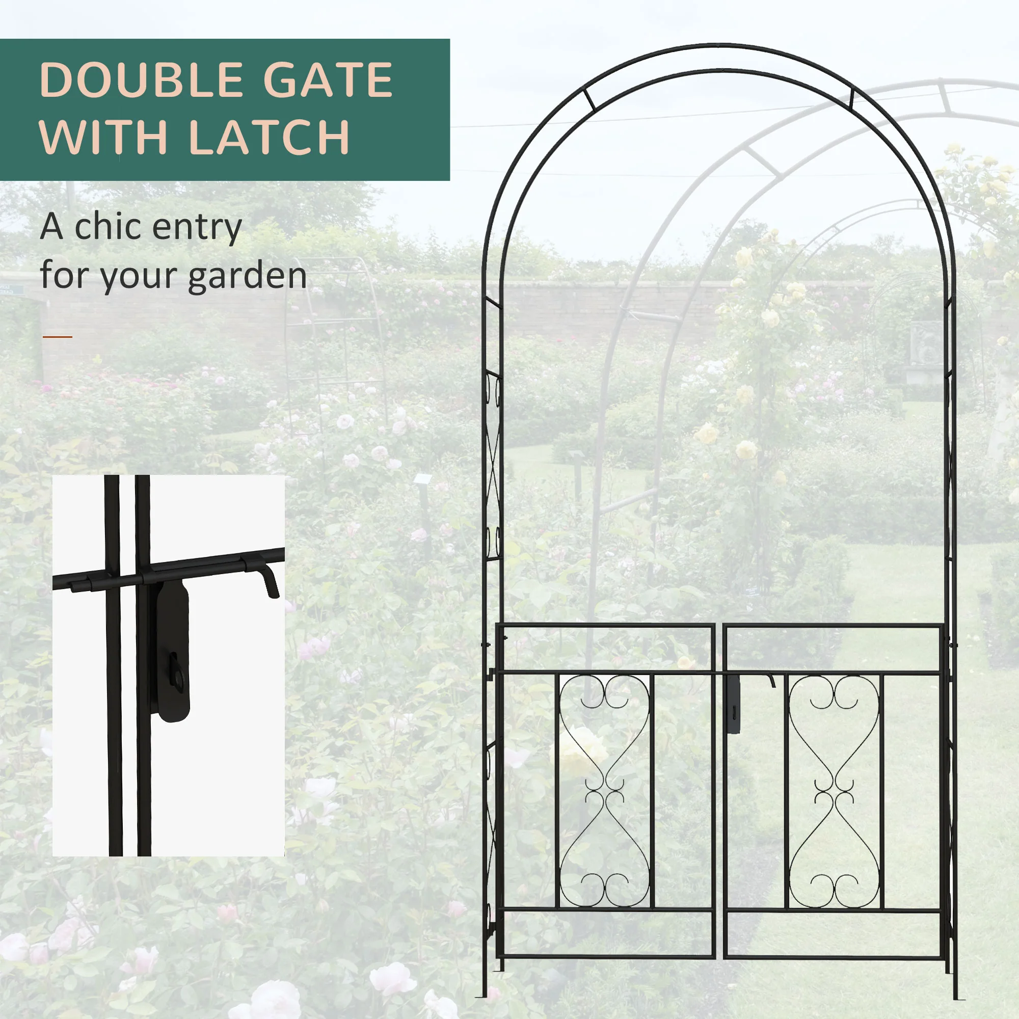 Outsunny Metal Garden Arch with Double Gate, Garden Arbor Climbing Plants - Image 4