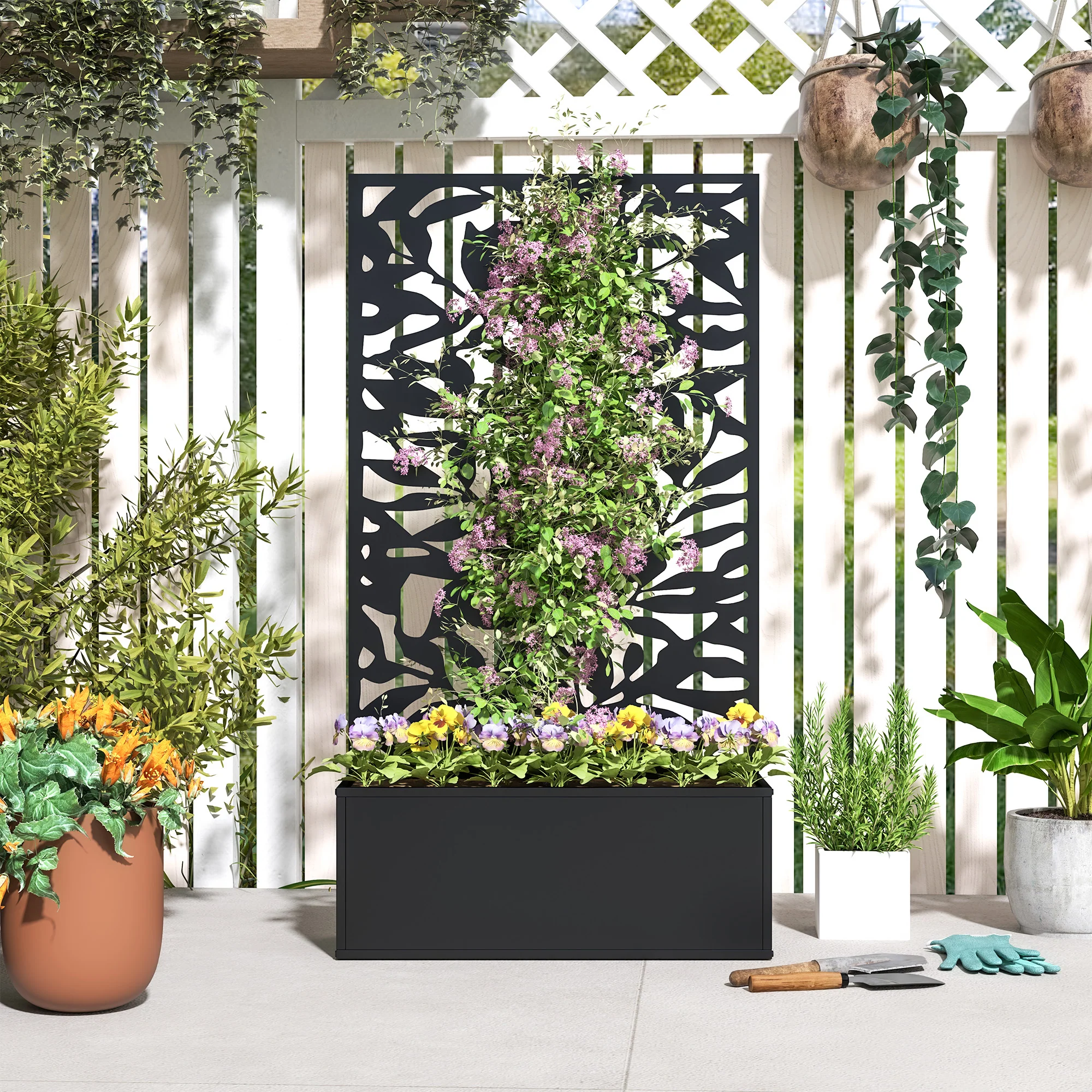 Outsunny Metal Garden Bed with Trellis, Raised Planter with Privacy Panel - Image 8