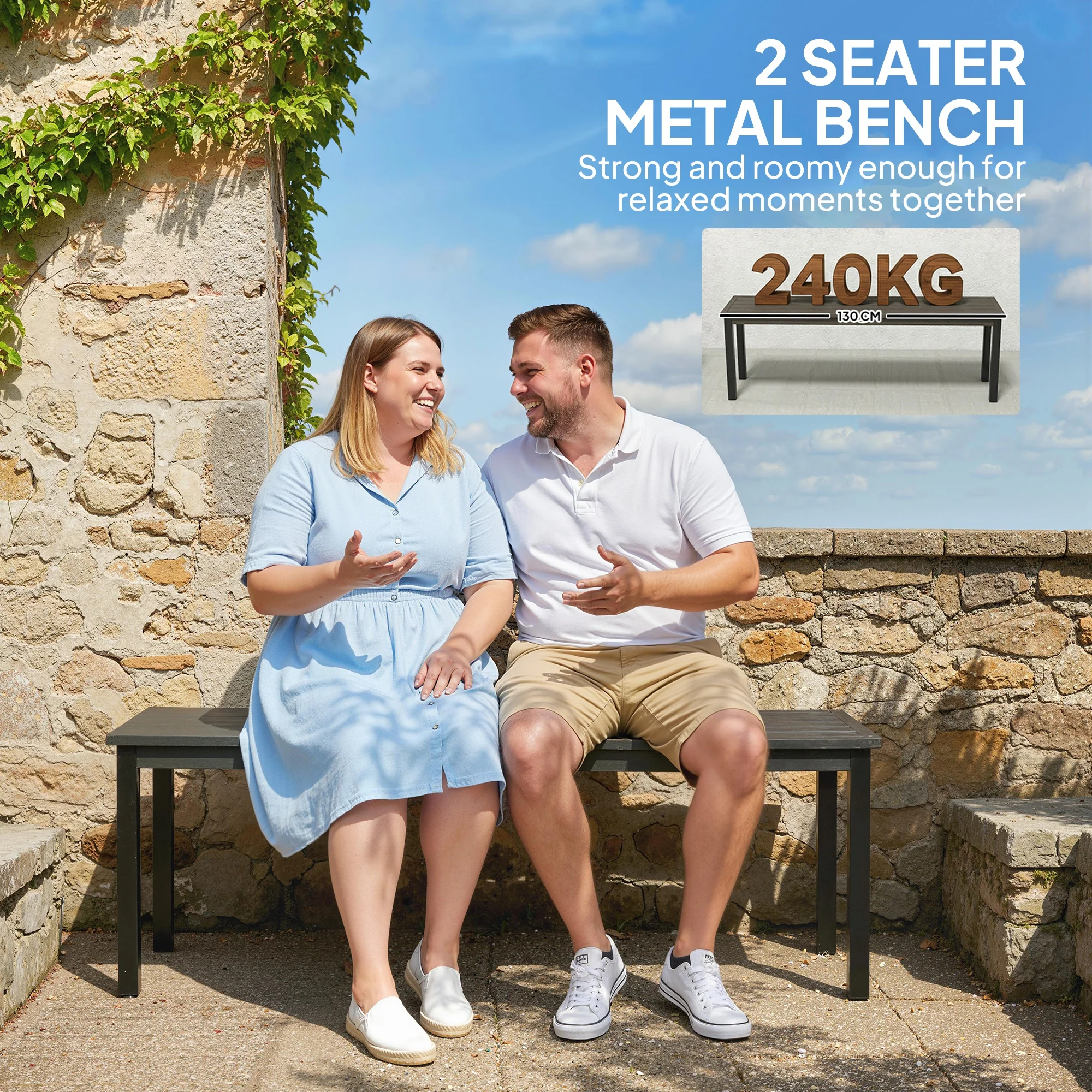 Outsunny Metal Garden Bench Loveseat With Wood-Effect Slatted Seat, Grey - Image 5
