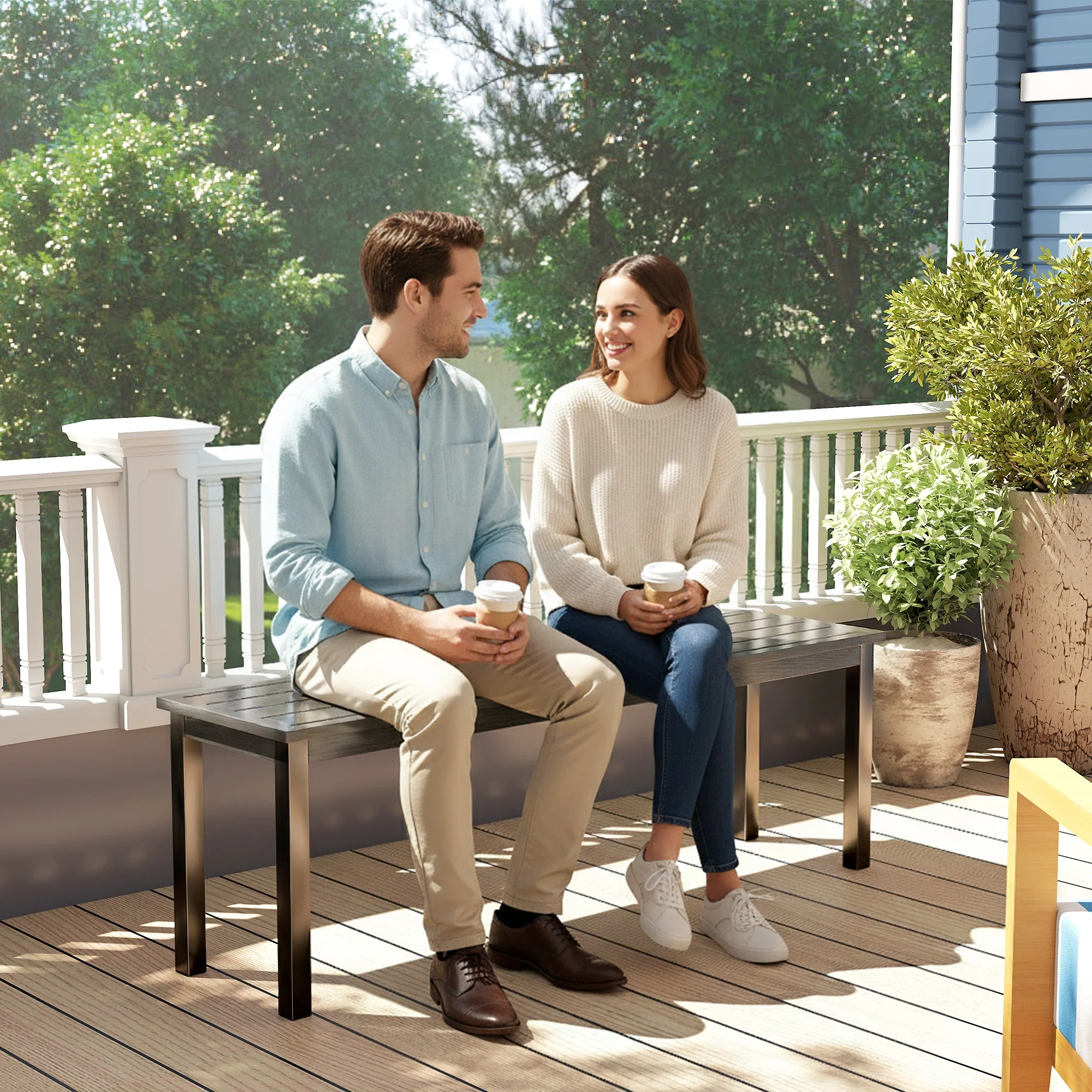 Outsunny Metal Garden Bench Loveseat With Wood-Effect Slatted Seat, Grey - Image 9