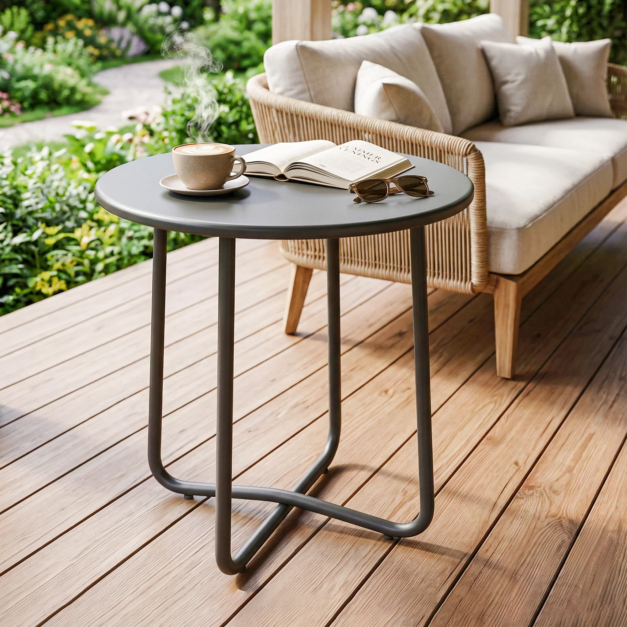 Outsunny Metal Garden Side Table, 48 Cm Round Outdoor Table, Dark Grey - Image 2
