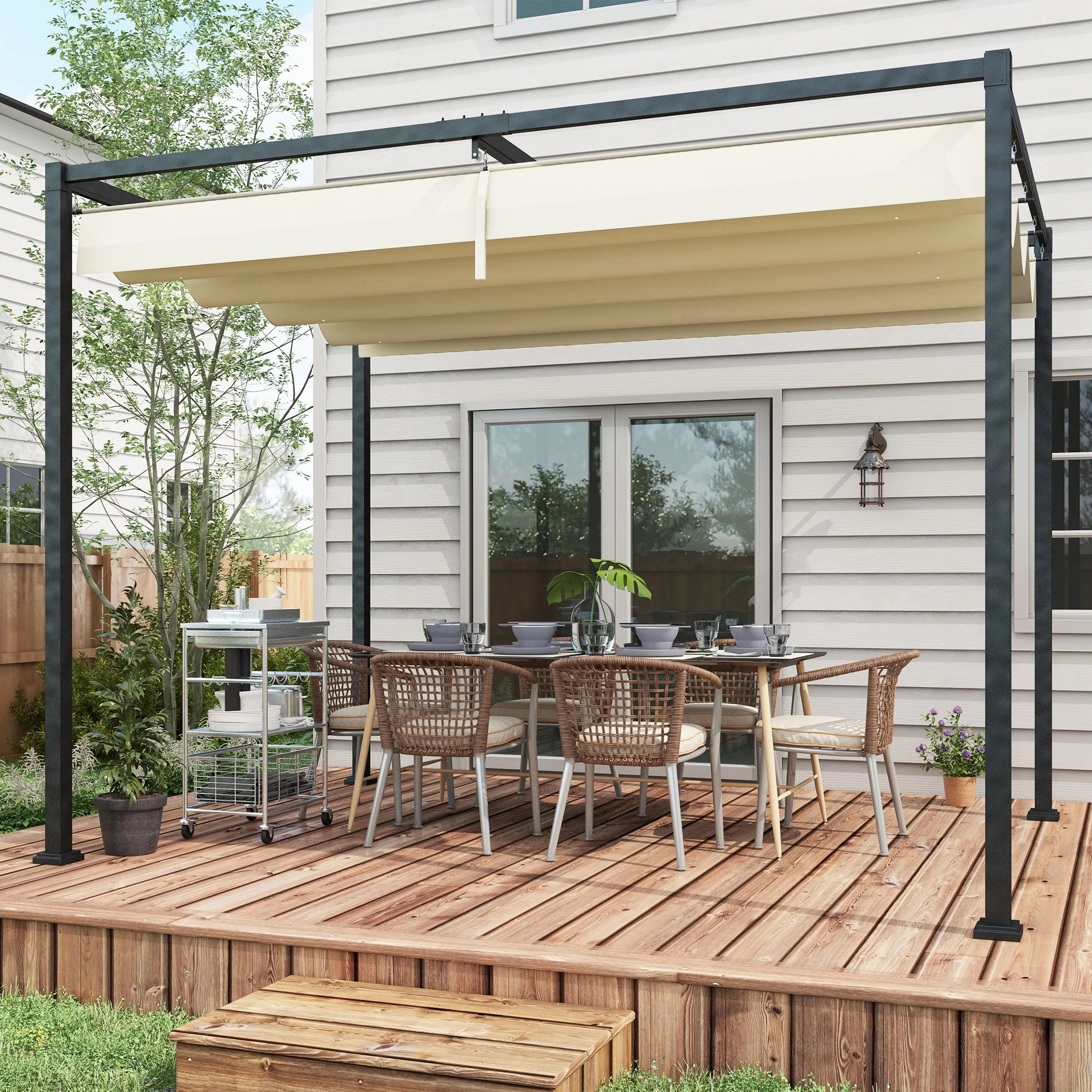 Outsunny Metal Pergola Gazebo Patio Sunshelter Retractable Canopy Cream - Image 2