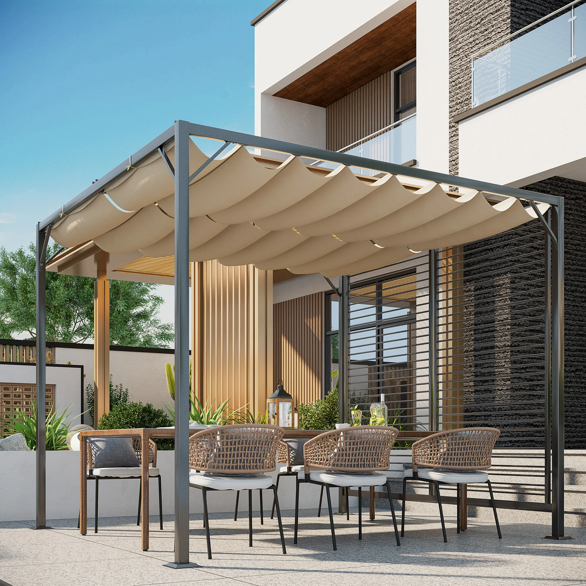 Outsunny Metal Pergola Patio Sun Shelter Grape Tent Retractable Canopy UV Cut - Image 2