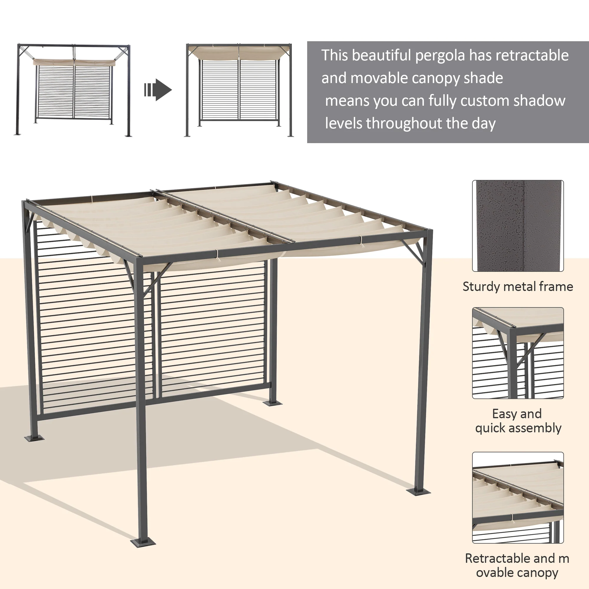 Outsunny Metal Pergola Patio Sun Shelter Grape Tent Retractable Canopy UV Cut - Image 3