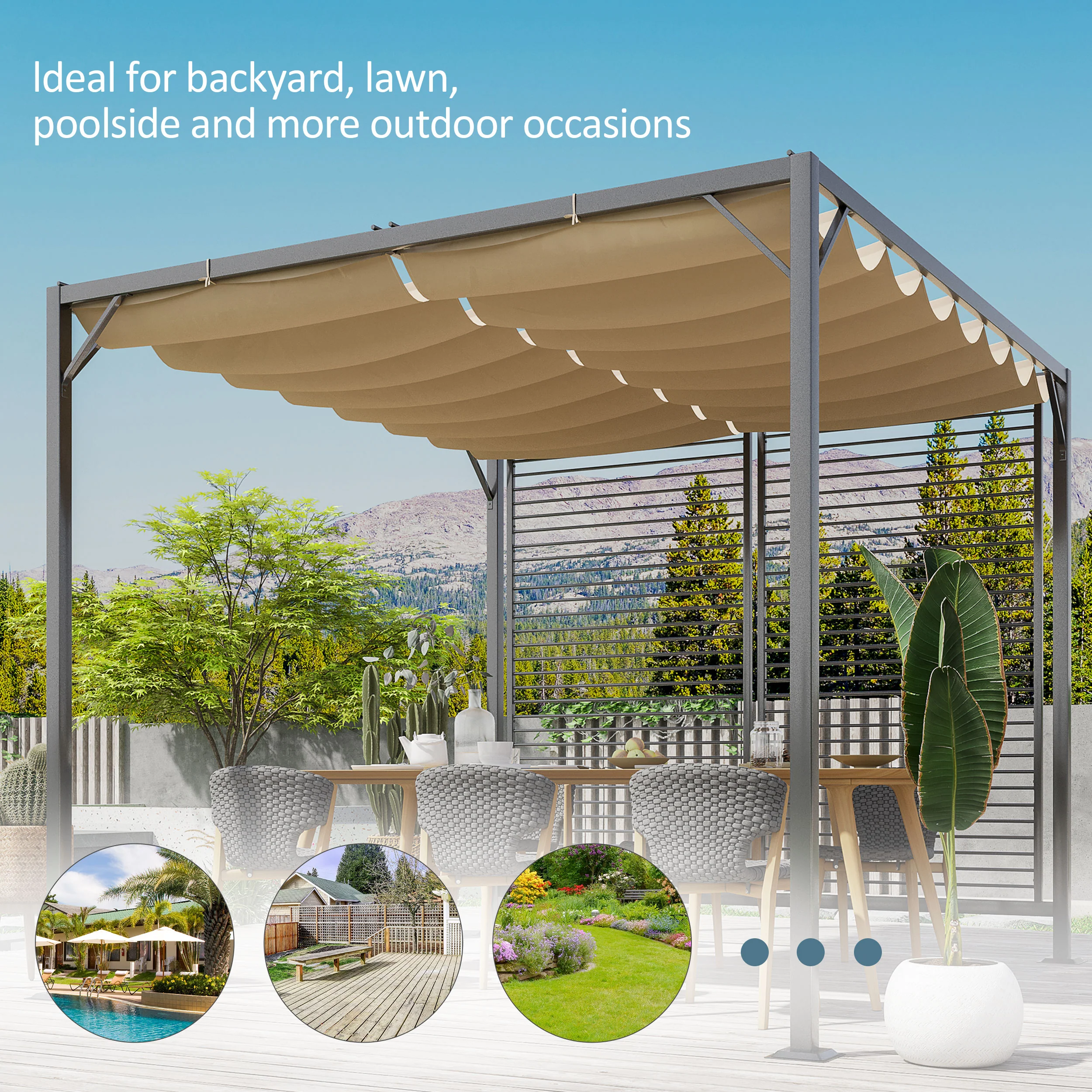 Outsunny Metal Pergola Patio Sun Shelter Grape Tent Retractable Canopy UV Cut - Image 6