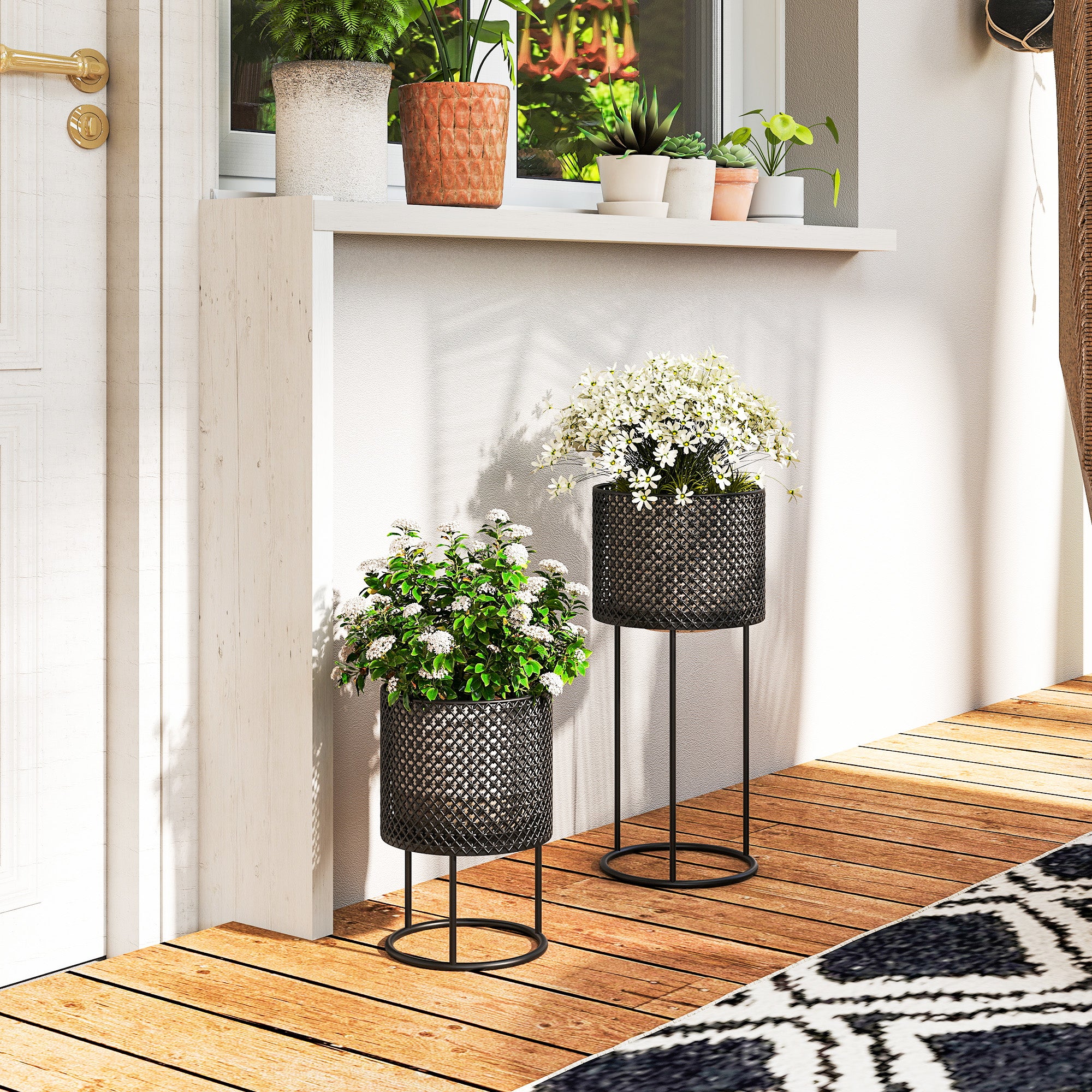 Outsunny Metal Plant Pots Flower Planters Set Of 2 For Indoor Outdoor Black - Image 2