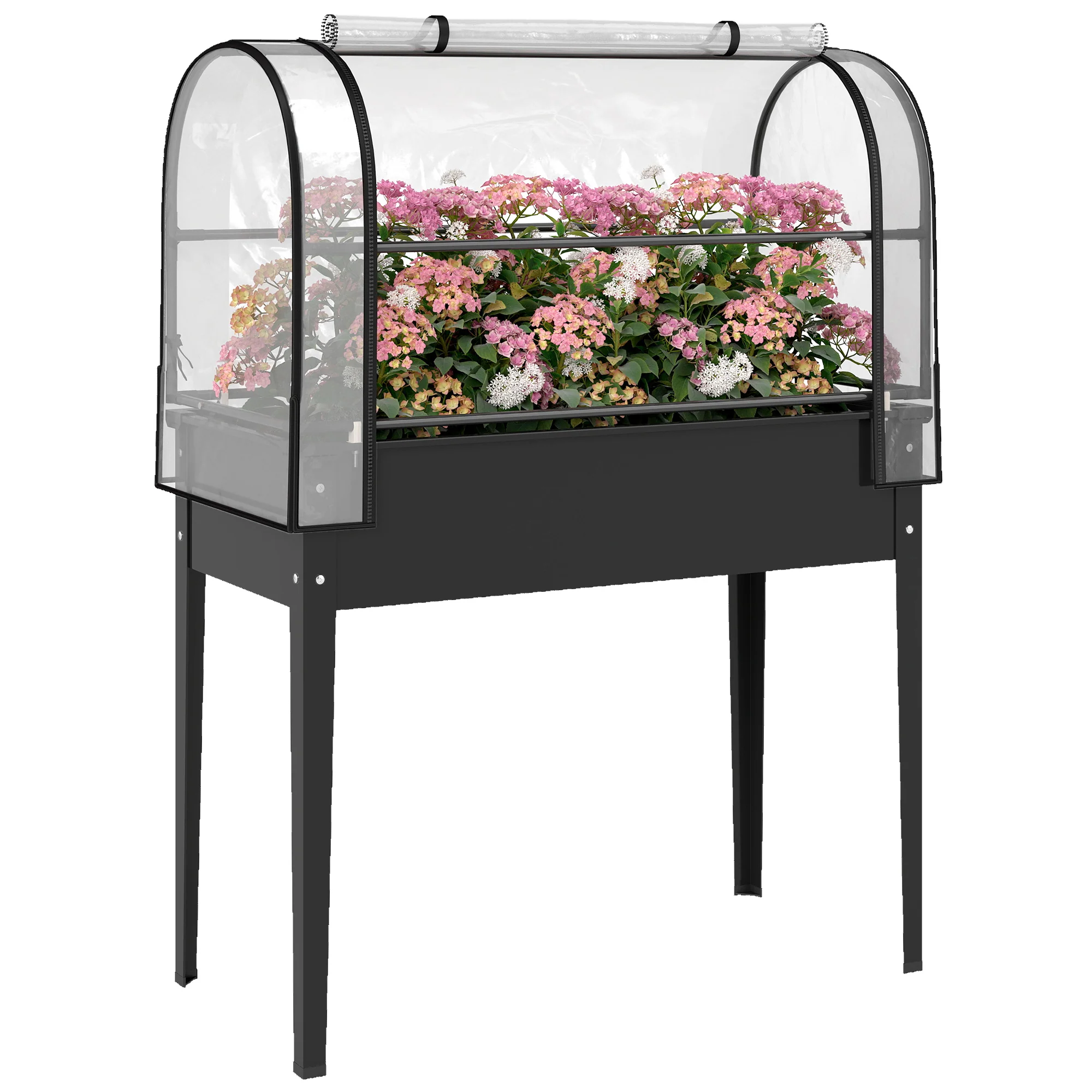 Outsunny Metal Raised Planter with Flip-Up Greenhouse, Drainage Hole, Black