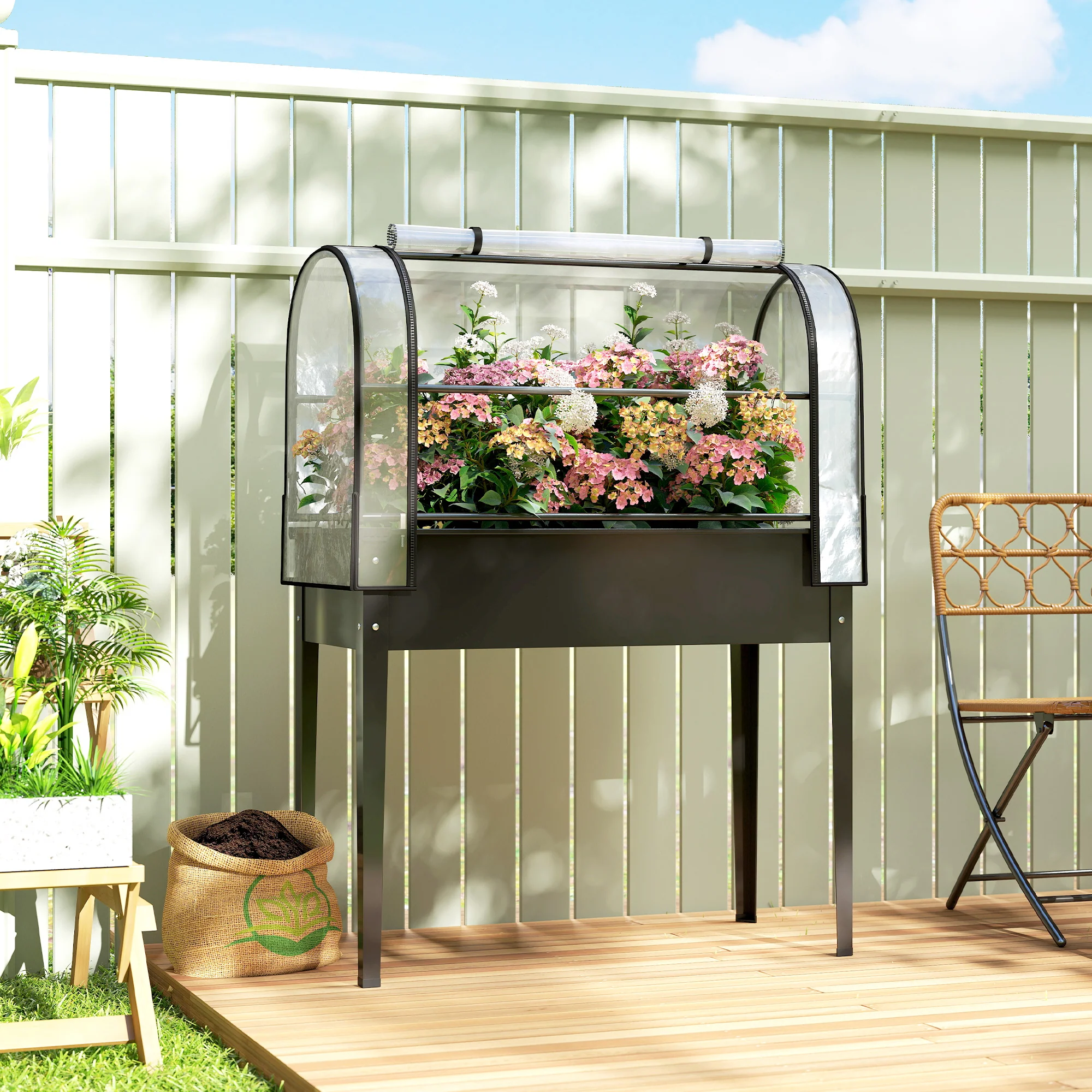 Outsunny Metal Raised Planter with Flip-Up Greenhouse, Drainage Hole, Black - Image 2