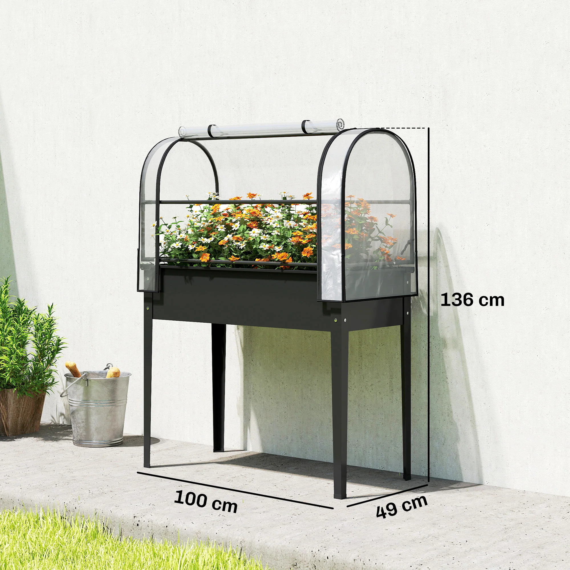 Outsunny Metal Raised Planter with Flip-Up Greenhouse, Drainage Hole, Black - Image 3