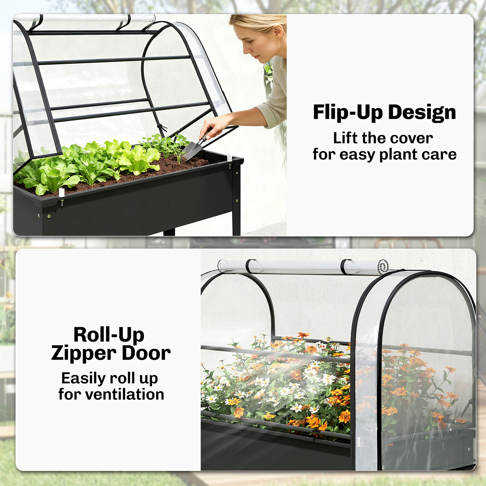 Outsunny Metal Raised Planter with Flip-Up Greenhouse, Drainage Hole, Black - Image 6