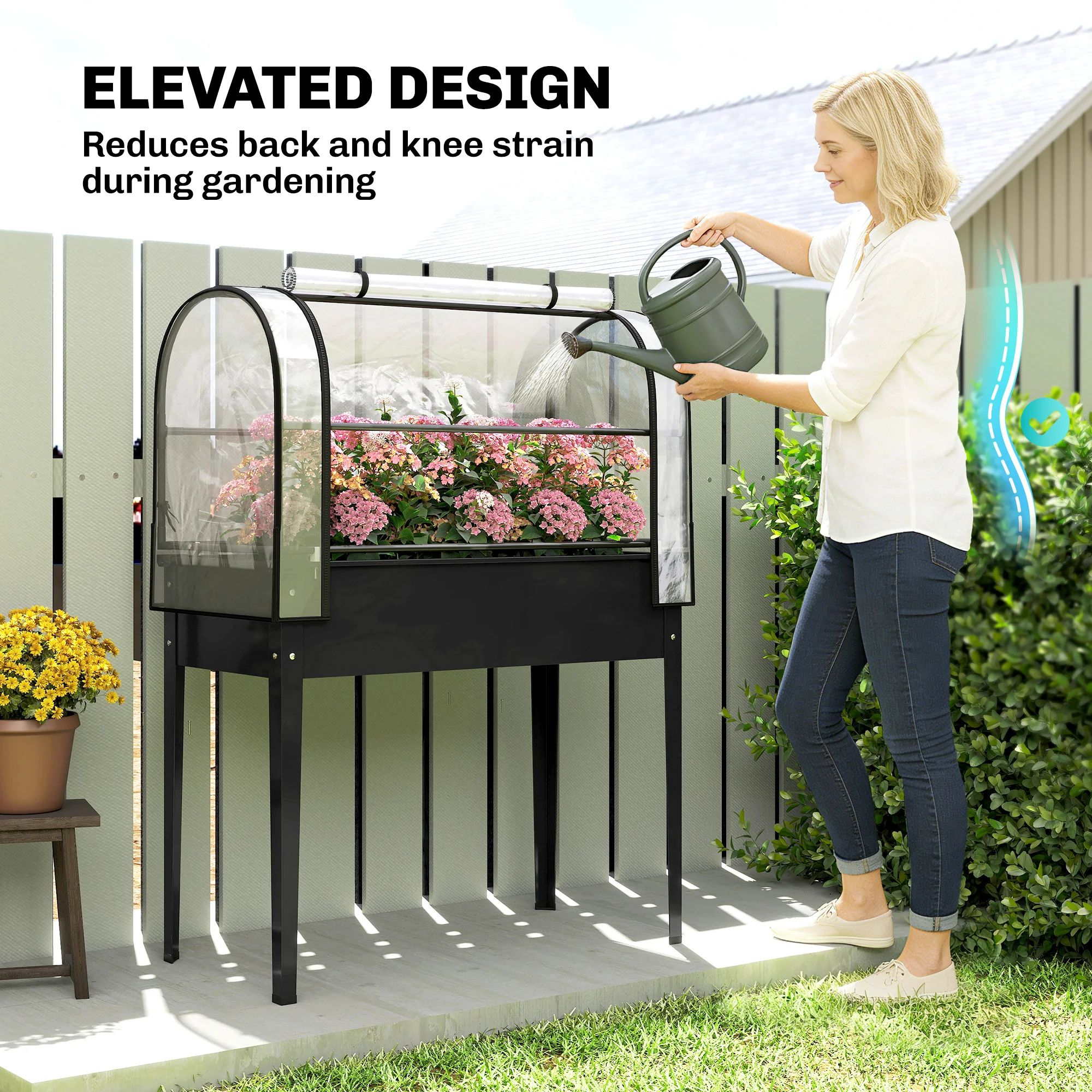 Outsunny Metal Raised Planter with Flip-Up Greenhouse, Drainage Hole, Black - Image 7