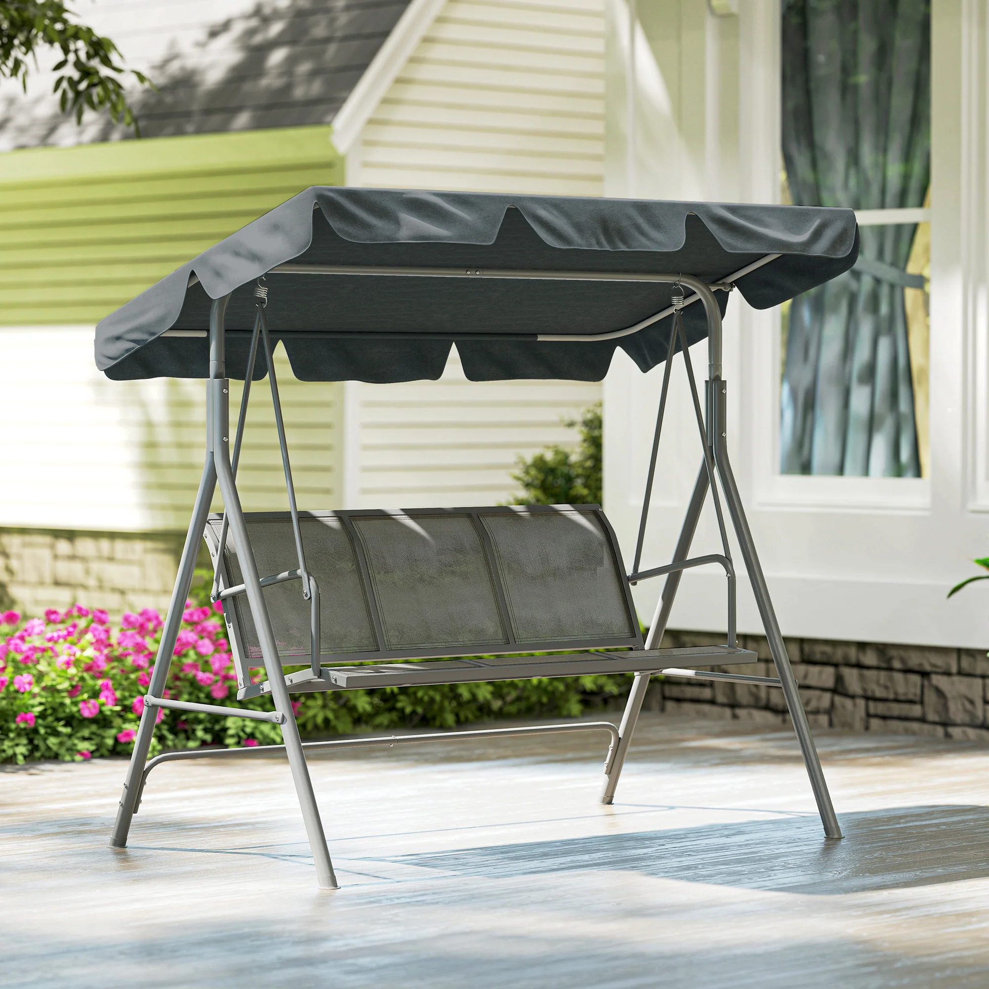 Outsunny Metal Swing Chair 3 Seater Patio Bench w/ Canopy, Dark Grey - Image 8