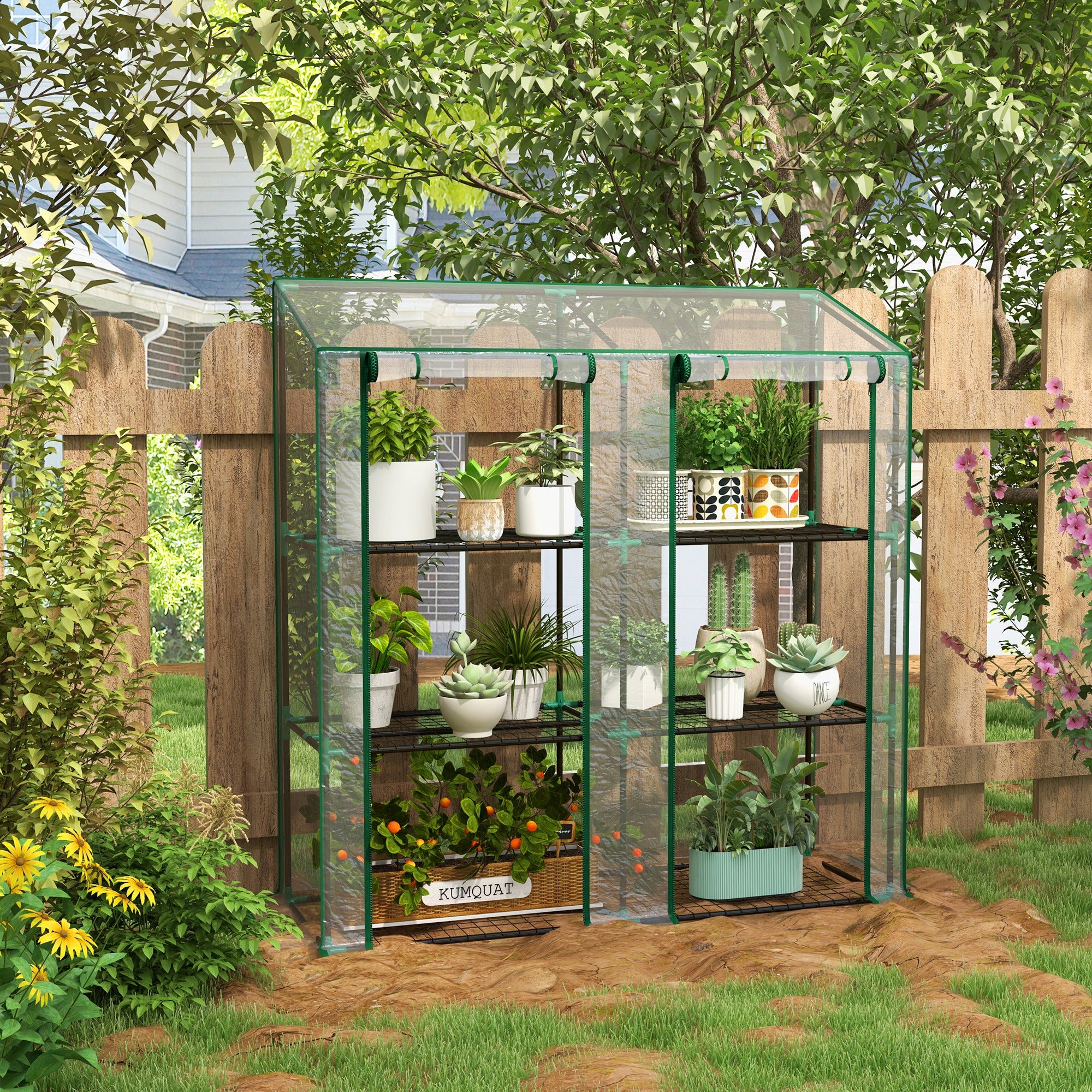 Outsunny Mini Green House with 3 Tier Shelves, 151H x 143W x 46Dcm, Clear - Image 2