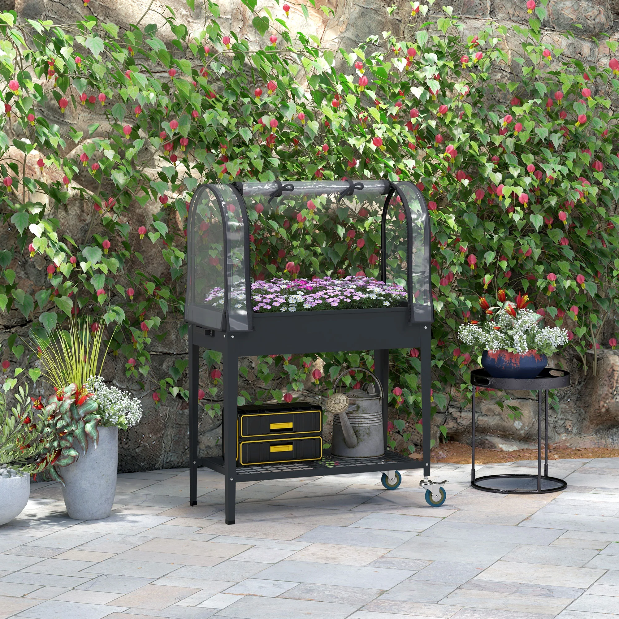 Outsunny Mobile Raised Garden Bed with Greenhouse Cover Bottom Shelf Dark Grey - Image 2