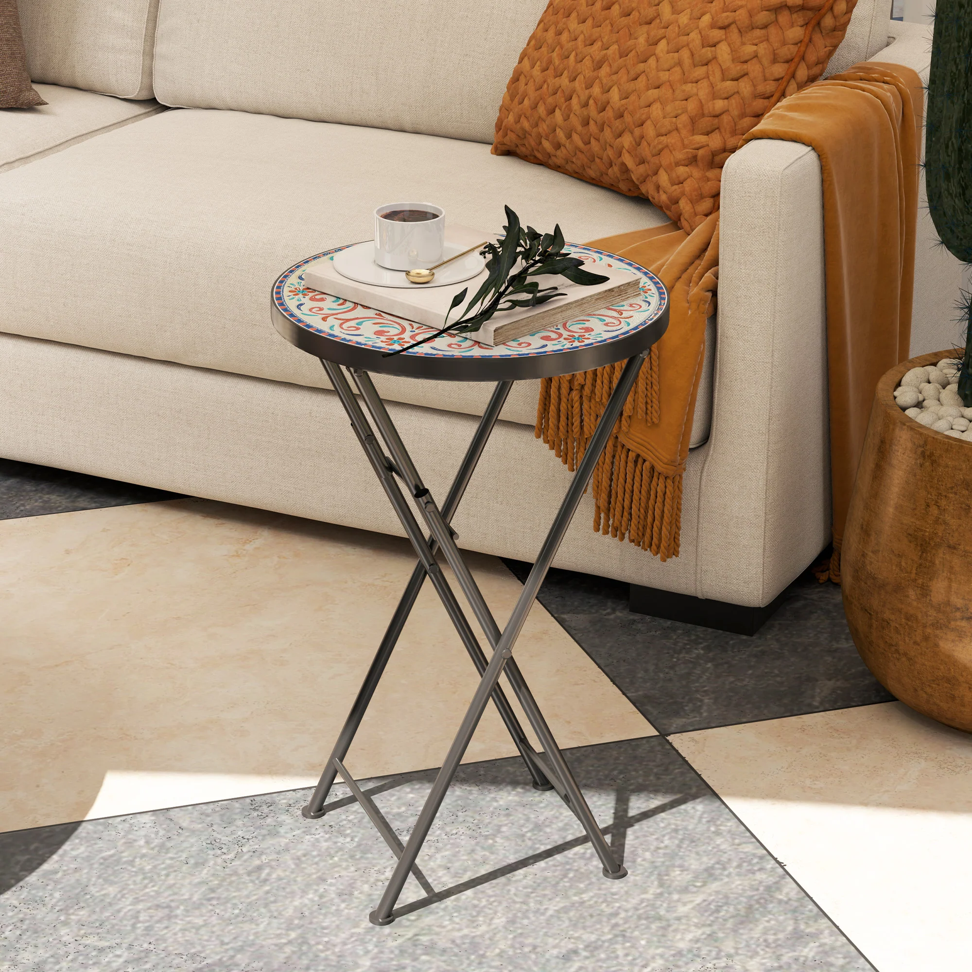 Outsunny Mosaic Garden Table, 35.5cm Folding Coffee Table, Multicolour - Image 2