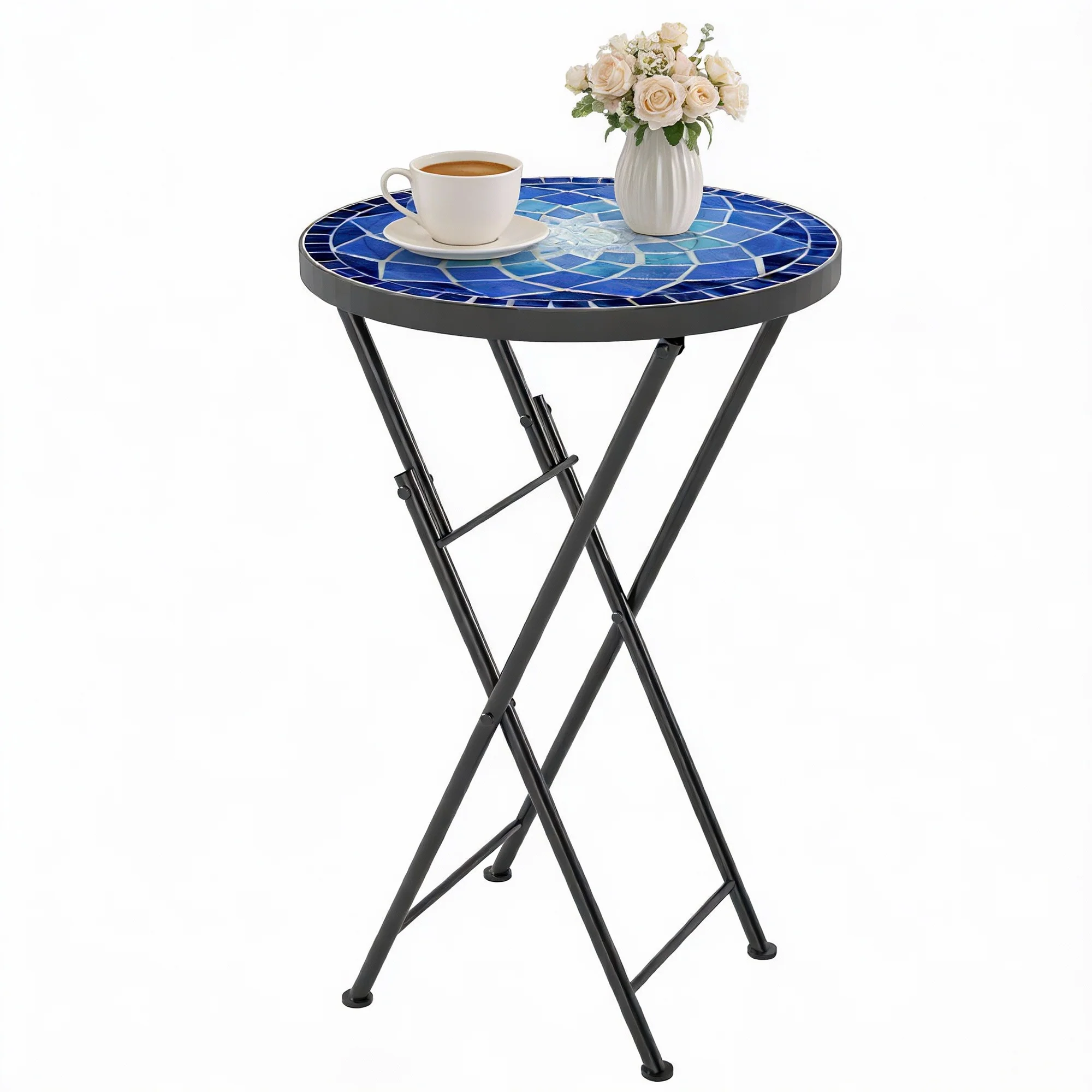 Outsunny Mosaic Garden Table, 35.5cm Folding Coffee Table, Navy Blue