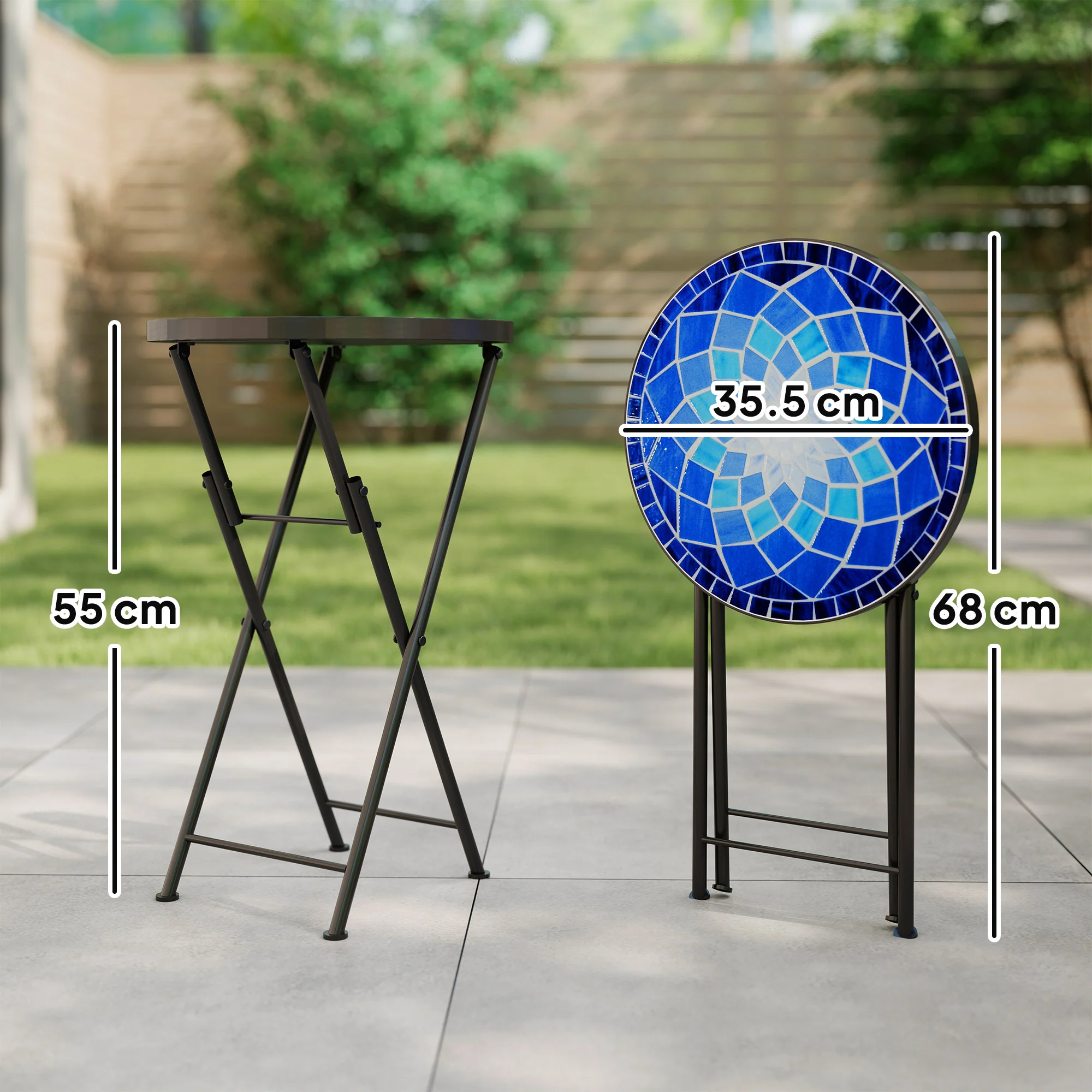 Outsunny Mosaic Garden Table, 35.5cm Folding Coffee Table, Navy Blue - Image 3