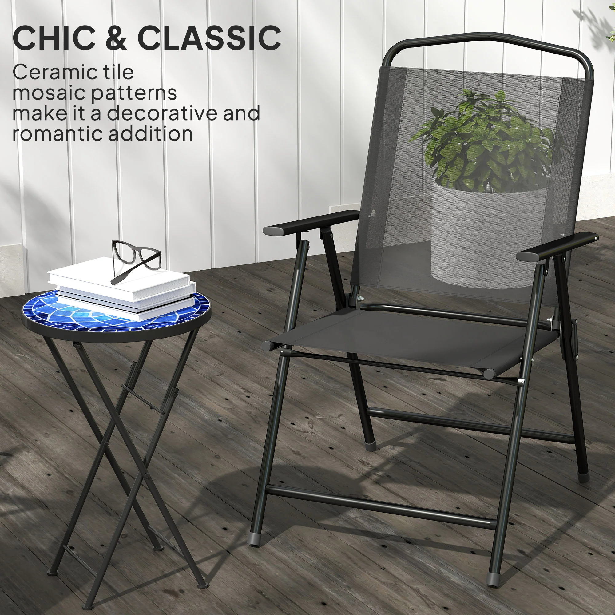Outsunny Mosaic Garden Table, 35.5cm Folding Coffee Table, Navy Blue - Image 4